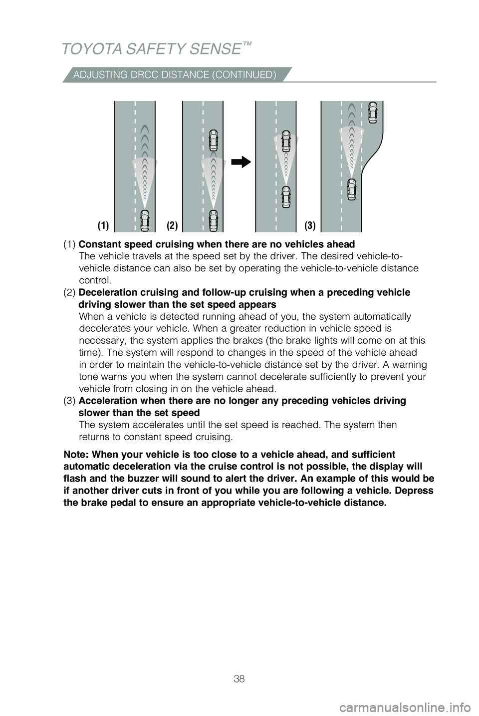 TOYOTA HIGHLANDER HYBRID 2019 (in English) Owners Guide 38
TOYOTA SAFETY SENSE™
(1) Constant speed cruising when there are no vehicles ahead
The vehicle travels at the speed set by the driver. The desired vehicle-\
to-
vehicle distance can also be s TOYOTA HIGHLANDER HYBRID 2019 (in English) Owners Guide 38
TOYOTA SAFETY SENSE™
(1) Constant speed cruising when there are no vehicles ahead
The vehicle travels at the speed set by the driver. The desired vehicle-\
to-
vehicle distance can also be s