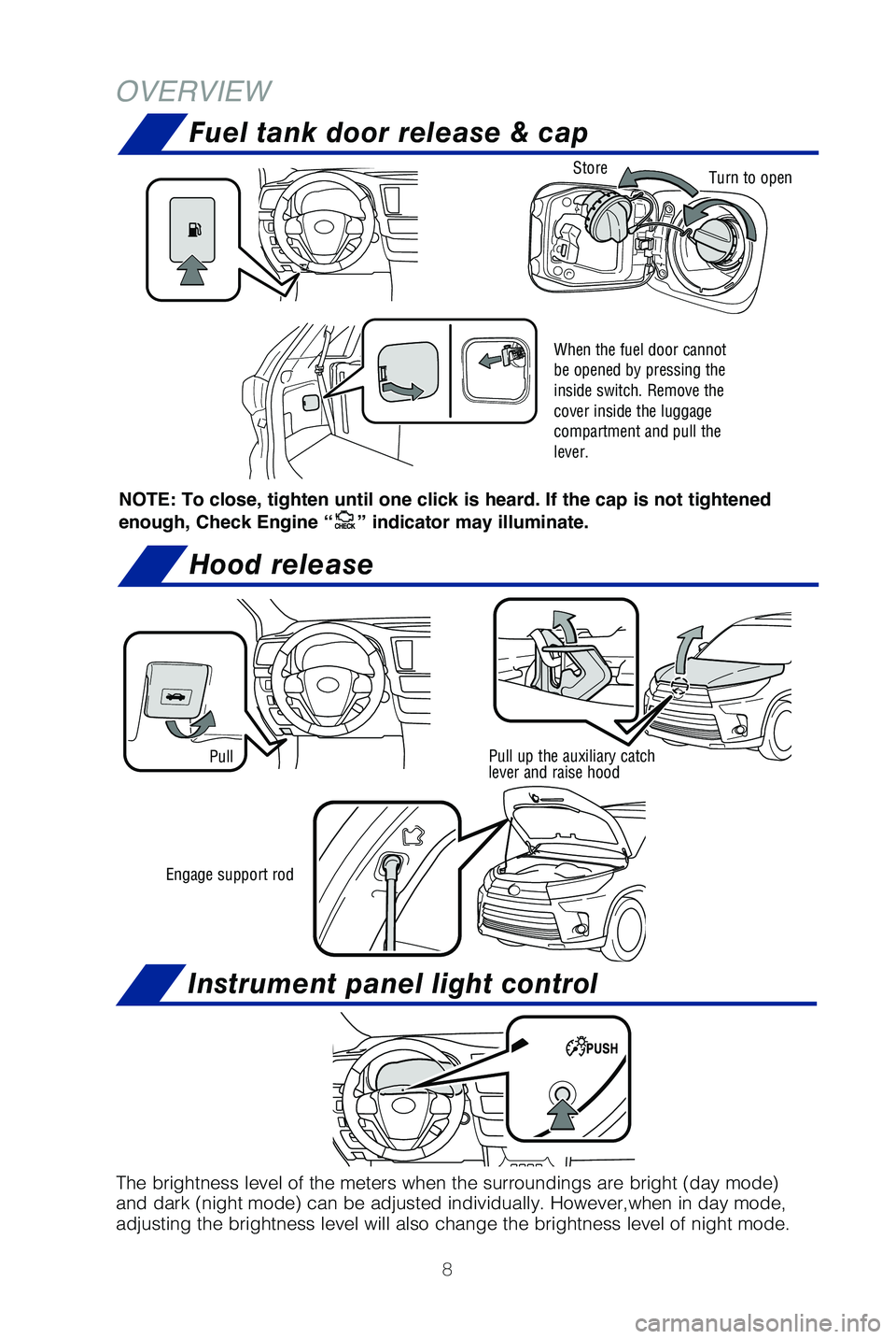 TOYOTA HIGHLANDER HYBRID 2019 Owners Manual (in English) 8
NOTE: To close, tighten until one click is heard. If the cap is not tightened
enough, Check Engine “
” indicator may illuminate.
Turn to openStore
Engage support rod
Pull When the fuel door can TOYOTA HIGHLANDER HYBRID 2019 Owners Manual (in English) 8
NOTE: To close, tighten until one click is heard. If the cap is not tightened
enough, Check Engine “
” indicator may illuminate.
Turn to openStore
Engage support rod
Pull When the fuel door can