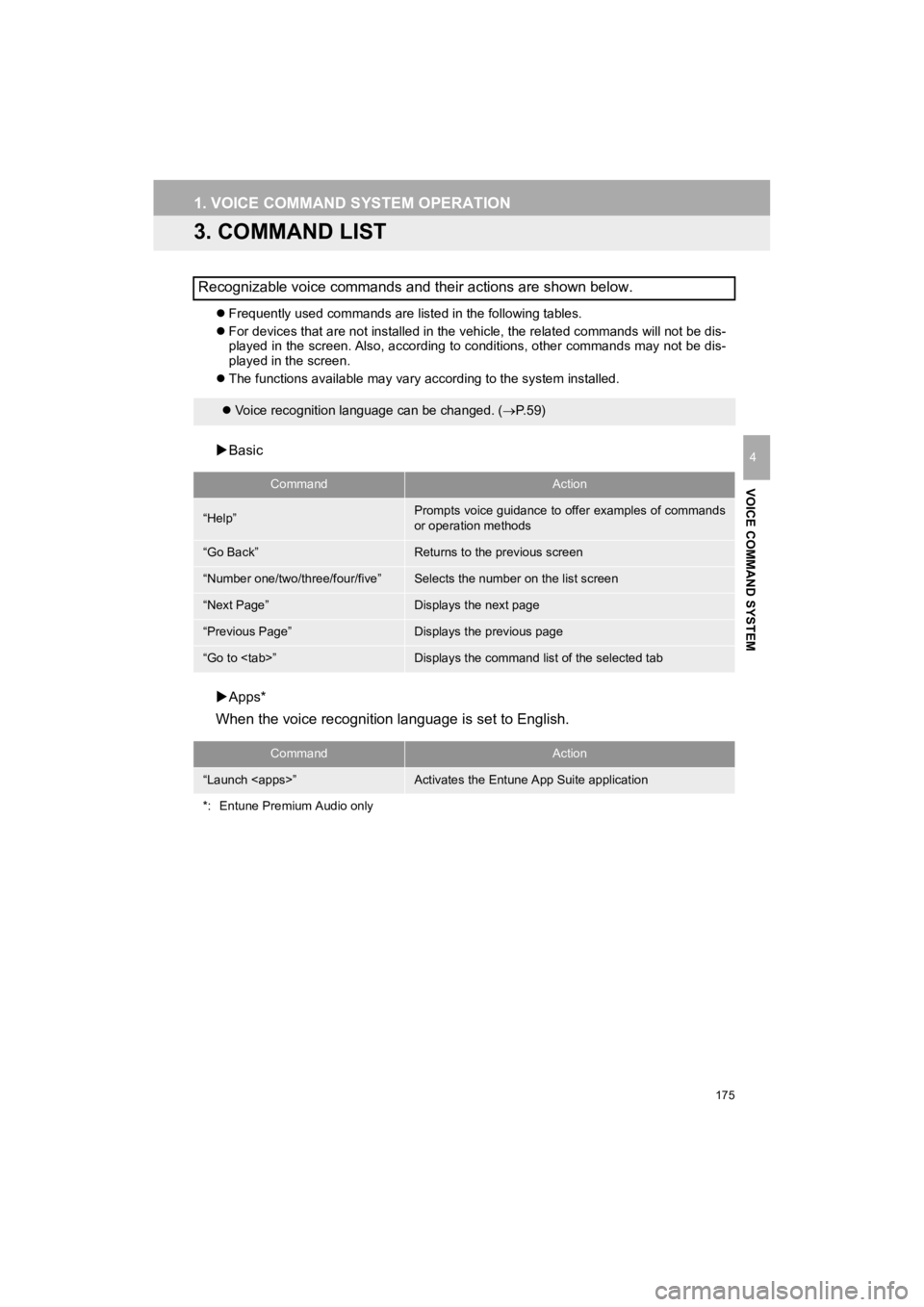 TOYOTA HIGHLANDER HYBRID 2019  Accessories, Audio & Navigation (in English) 175
1. VOICE COMMAND SYSTEM OPERATION
HIGHLANDER_Navi_U
VOICE COMMAND SYSTEM
4
3. COMMAND LIST
Frequently used commands are listed in the following tables.
 For devices that are not installed in