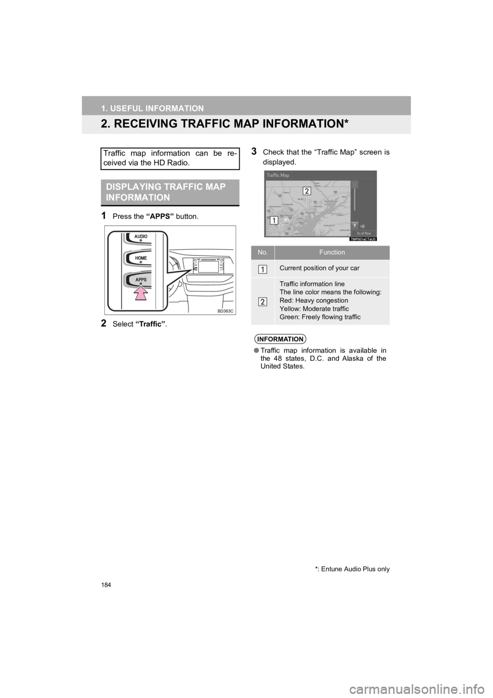 TOYOTA HIGHLANDER HYBRID 2019 Accessories, Audio & Navigation (in English) 184
1. USEFUL INFORMATION
HIGHLANDER_Navi_U
2. RECEIVING TRAFFIC MAP INFORMATION*
1Press the “APPS” button.
2Select “Traffic”.
3Check that the “Traffic Map” screen is
displayed.Traff TOYOTA HIGHLANDER HYBRID 2019 Accessories, Audio & Navigation (in English) 184
1. USEFUL INFORMATION
HIGHLANDER_Navi_U
2. RECEIVING TRAFFIC MAP INFORMATION*
1Press the “APPS” button.
2Select “Traffic”.
3Check that the “Traffic Map” screen is
displayed.Traff