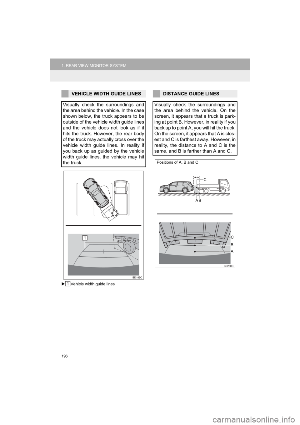 TOYOTA HIGHLANDER HYBRID 2019  Accessories, Audio & Navigation (in English) 196
1. REAR VIEW MONITOR SYSTEM
HIGHLANDER_Navi_U
Vehicle width guide lines
VEHICLE WIDTH GUIDE LINES
Visually  check  the  surroundings  and
the area behind the vehicle. In the case
shown  below, 