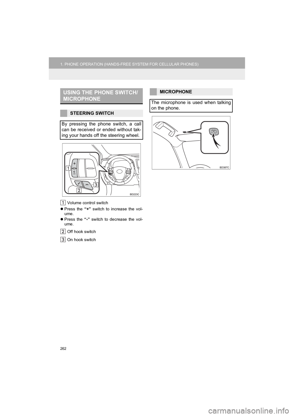 TOYOTA HIGHLANDER HYBRID 2019 Accessories, Audio & Navigation (in English) 262
1. PHONE OPERATION (HANDS-FREE SYSTEM FOR CELLULAR PHONES)
HIGHLANDER_Navi_U
Volume control switch
Press the “+” switch to increase the vol-
ume.
Press the “-” switch to TOYOTA HIGHLANDER HYBRID 2019 Accessories, Audio & Navigation (in English) 262
1. PHONE OPERATION (HANDS-FREE SYSTEM FOR CELLULAR PHONES)
HIGHLANDER_Navi_U
Volume control switch
Press the “+” switch to increase the vol-
ume.
Press the “-” switch to