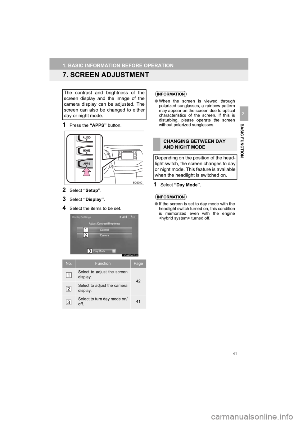 TOYOTA HIGHLANDER HYBRID 2019  Accessories, Audio & Navigation (in English) 41
1. BASIC INFORMATION BEFORE OPERATION
HIGHLANDER_Navi_U
BASIC FUNCTION
2
7. SCREEN ADJUSTMENT
1Press the “APPS” button.
2Select “Setup” .
3Select “Display” .
4Select the items to be set