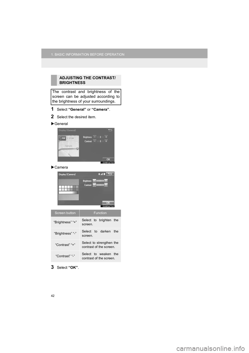 TOYOTA HIGHLANDER HYBRID 2019  Accessories, Audio & Navigation (in English) 42
1. BASIC INFORMATION BEFORE OPERATION
HIGHLANDER_Navi_U
1Select “General”  or “Camera” .
2Select the desired item.
 General
 Camera
3Select  “OK”.
ADJUSTING THE CONTRAST/
BRIGHTNE