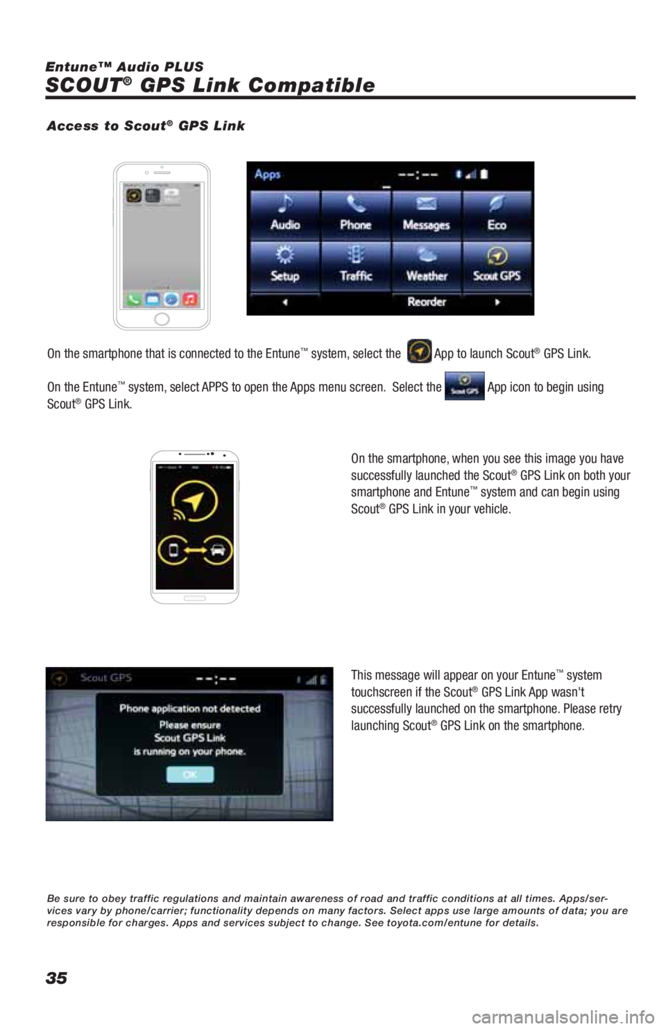 TOYOTA HIGHLANDER HYBRID 2019  Accessories, Audio & Navigation (in English) 35
SCOUT® GPS Link Compatible
Entune™ Audio PLUS 
On the smartphone, when you see this image you have 
successfully launched the Scout
® GPS Link on both your 
smartphone and Entune™ system and 