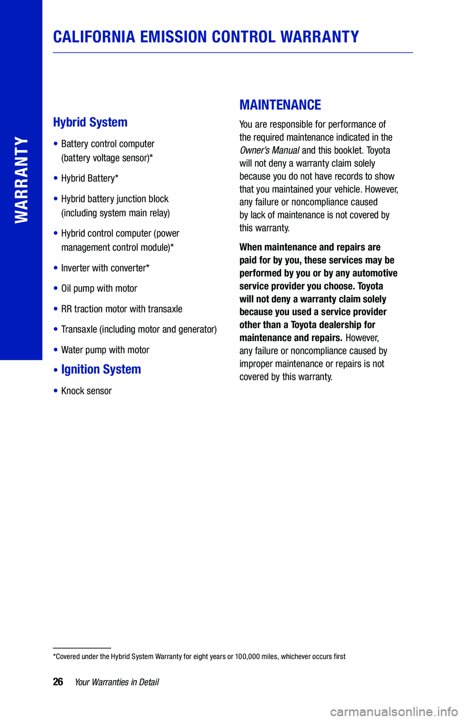 TOYOTA HIGHLANDER HYBRID 2019 Warranties & Maintenance Guides (in English) 26
Hybrid System
•
Battery control computer
(battery voltage sensor)*
• Hybrid Battery*
• Hybrid battery junction block
(including system main relay)
•
Hybrid control comput TOYOTA HIGHLANDER HYBRID 2019 Warranties & Maintenance Guides (in English) 26
Hybrid System
•
Battery control computer
(battery voltage sensor)*
• Hybrid Battery*
• Hybrid battery junction block
(including system main relay)
•
Hybrid control comput