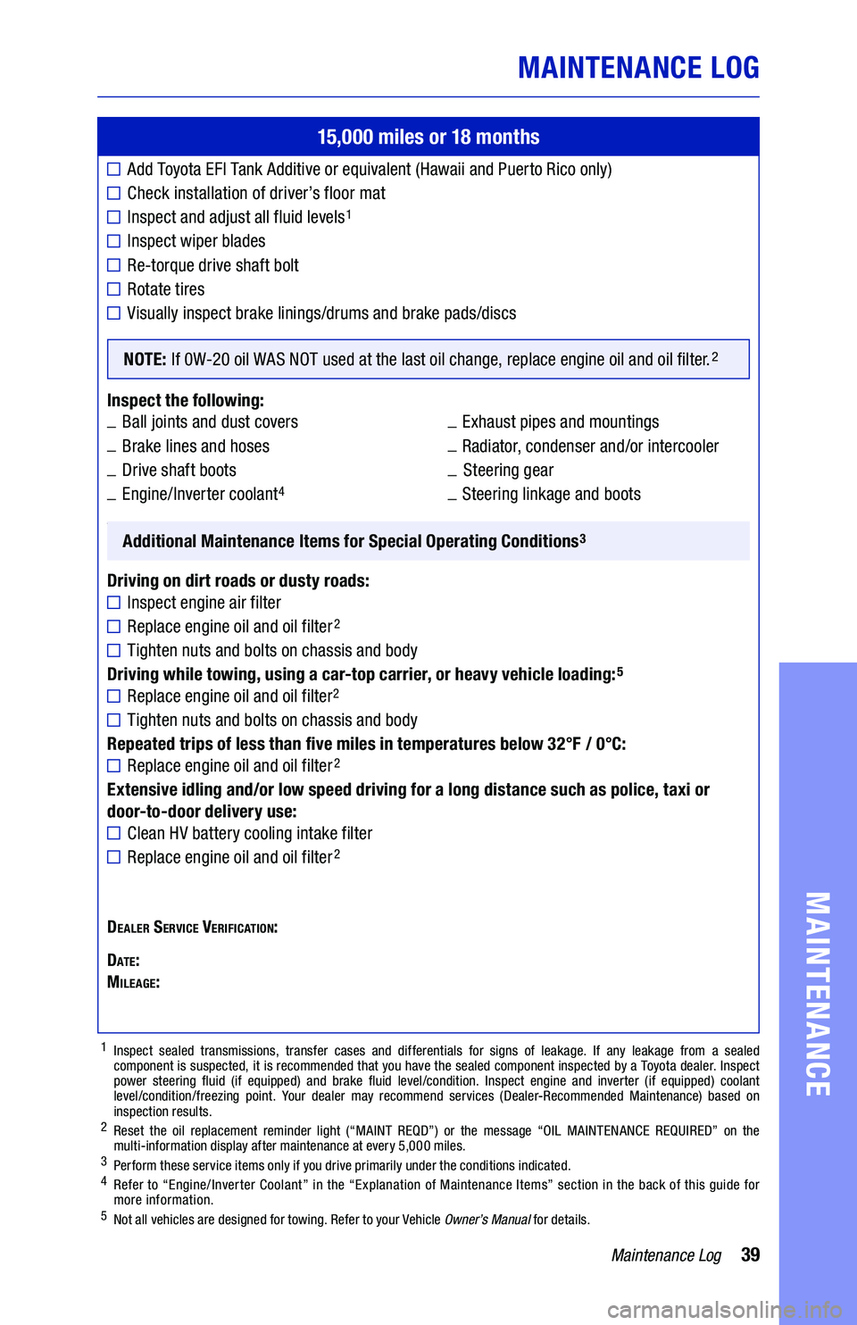 TOYOTA HIGHLANDER HYBRID 2019 Warranties & Maintenance Guides (in English) 39
15,000 miles or 18 months
Add Toyota EFI Tank Additive or equivalent (Hawaii and Puerto Rico only)
Check installation of driver’s floor mat
Inspect and adjust all fluid levels1
Inspect wiper bl TOYOTA HIGHLANDER HYBRID 2019 Warranties & Maintenance Guides (in English) 39
15,000 miles or 18 months
Add Toyota EFI Tank Additive or equivalent (Hawaii and Puerto Rico only)
Check installation of driver’s floor mat
Inspect and adjust all fluid levels1
Inspect wiper bl