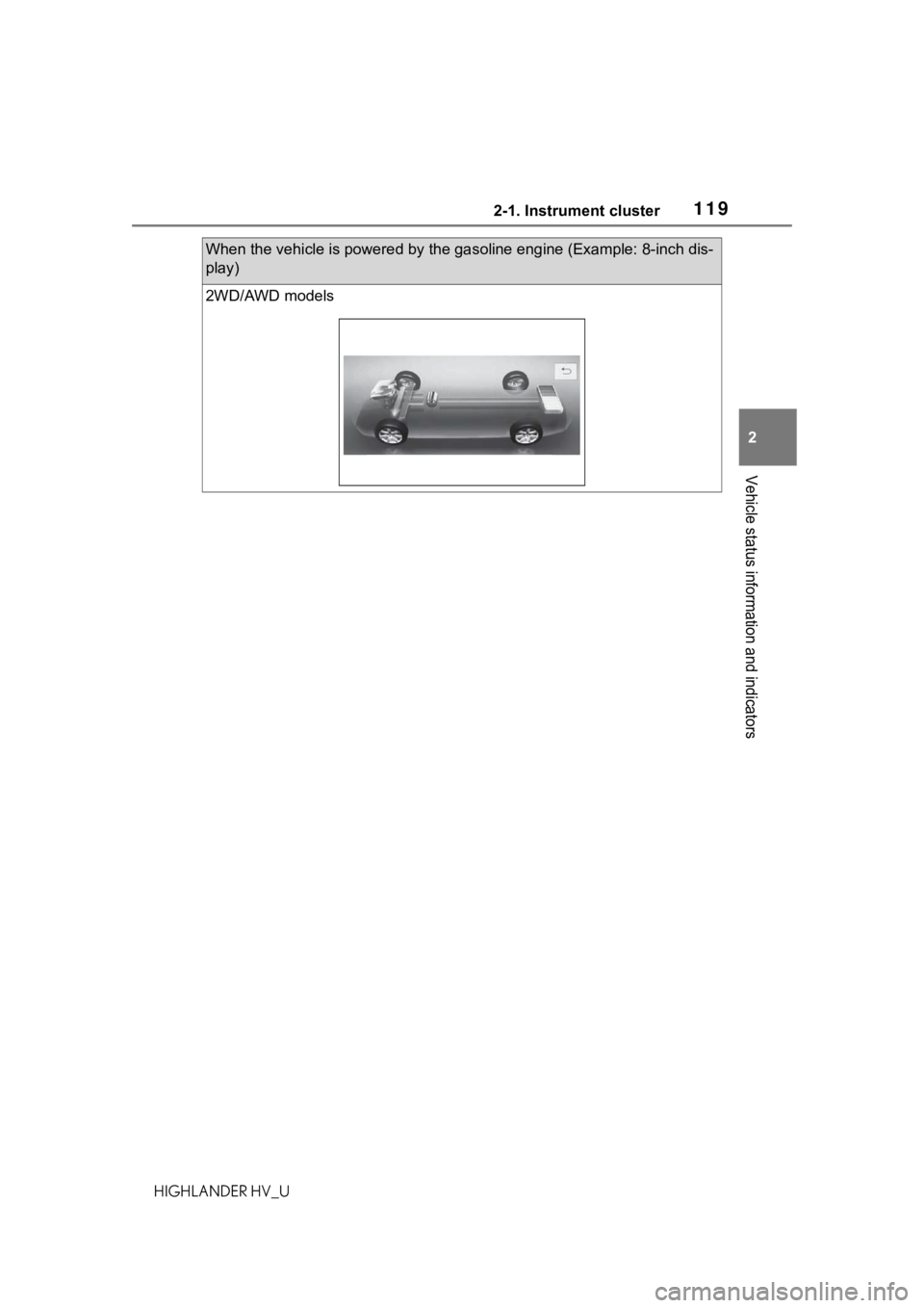 TOYOTA HIGHLANDER HYBRID 2020 Owners Manual (in English) 1192-1. Instrument cluster
HIGHLANDER HV_U
2
Vehicle status information and indicators
When the vehicle is powered by th e gasoline engine (Example: 8-inch dis-
play)
2WD/AWD models TOYOTA HIGHLANDER HYBRID 2020 Owners Manual (in English) 1192-1. Instrument cluster
HIGHLANDER HV_U
2
Vehicle status information and indicators
When the vehicle is powered by th e gasoline engine (Example: 8-inch dis-
play)
2WD/AWD models
