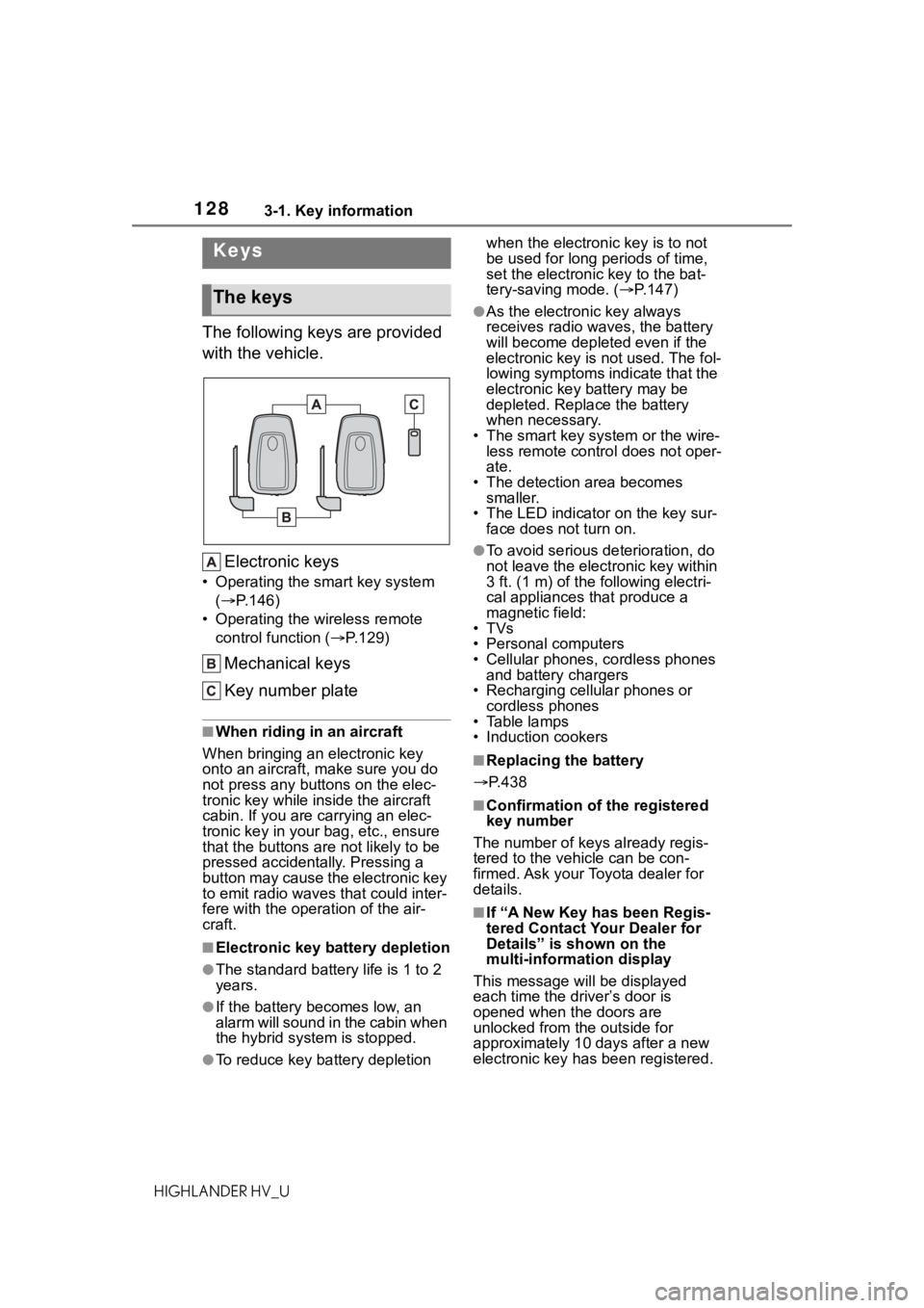 TOYOTA HIGHLANDER HYBRID 2020  Owners Manual (in English) 1283-1. Key information
HIGHLANDER HV_U
3-1.Key information
The following keys are provided 
with the vehicle.Electronic keys
• Operating the smart key system ( P.146)
• Operating the wireless 