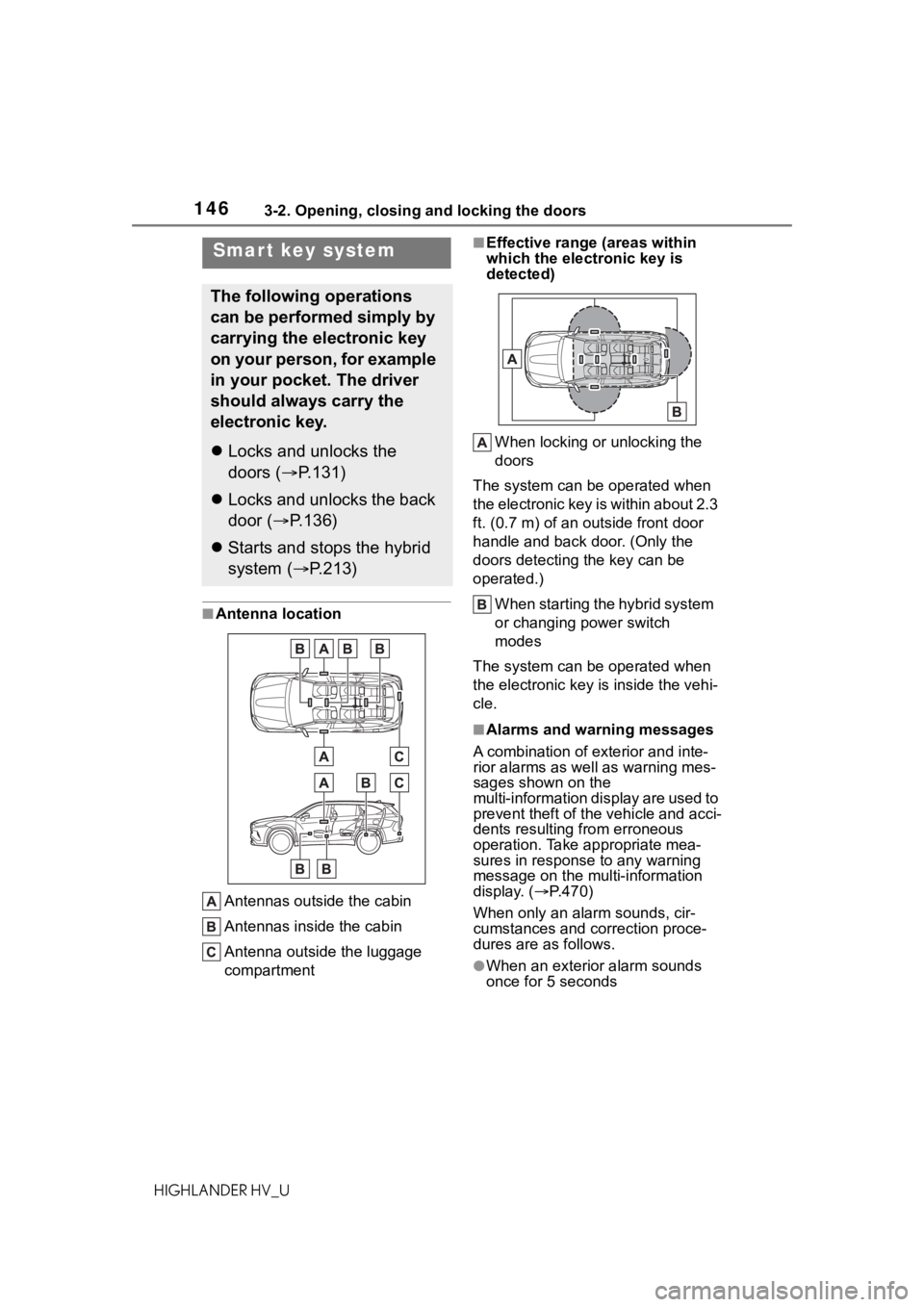 TOYOTA HIGHLANDER HYBRID 2020 Owners Manual (in English) 1463-2. Opening, closing and locking the doors
HIGHLANDER HV_U
■Antenna locationAntennas outside the cabin
Antennas inside the cabin
Antenna outside the luggage
compartment
■Effective range (are TOYOTA HIGHLANDER HYBRID 2020 Owners Manual (in English) 1463-2. Opening, closing and locking the doors
HIGHLANDER HV_U
■Antenna locationAntennas outside the cabin
Antennas inside the cabin
Antenna outside the luggage
compartment
■Effective range (are