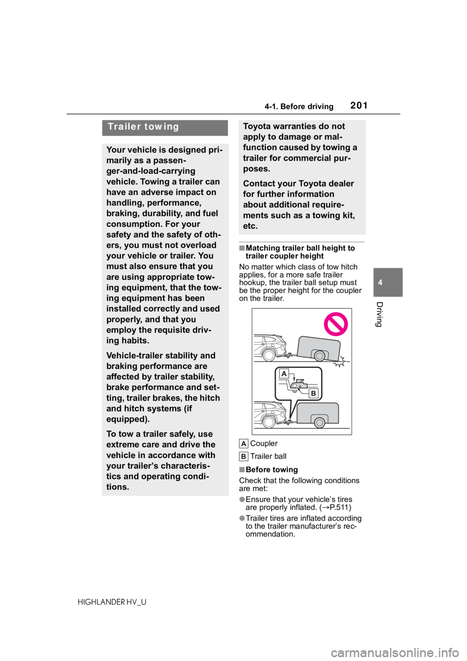TOYOTA HIGHLANDER HYBRID 2020 Owners Manual (in English) 2014-1. Before driving
HIGHLANDER HV_U
4
Driving
■Matching trailer ball height to
trailer coupler height
No matter wh ich class of tow hitch
applies, for a m ore safe trailer
hookup, the trailer TOYOTA HIGHLANDER HYBRID 2020 Owners Manual (in English) 2014-1. Before driving
HIGHLANDER HV_U
4
Driving
■Matching trailer ball height to
trailer coupler height
No matter wh ich class of tow hitch
applies, for a m ore safe trailer
hookup, the trailer