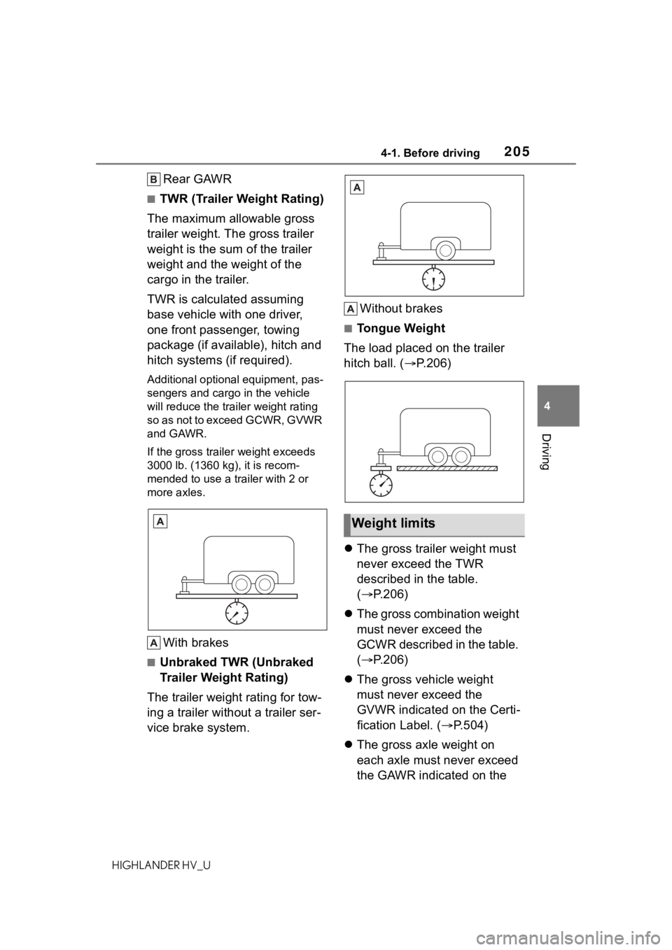 TOYOTA HIGHLANDER HYBRID 2020 Owners Manual (in English) 2054-1. Before driving
HIGHLANDER HV_U
4
Driving
Rear GAWR
■TWR (Trailer Weight Rating)
The maximum allowable gross
trailer weight. The gross trailer
weight is the sum of the trailer
weight and t TOYOTA HIGHLANDER HYBRID 2020 Owners Manual (in English) 2054-1. Before driving
HIGHLANDER HV_U
4
Driving
Rear GAWR
■TWR (Trailer Weight Rating)
The maximum allowable gross
trailer weight. The gross trailer
weight is the sum of the trailer
weight and t