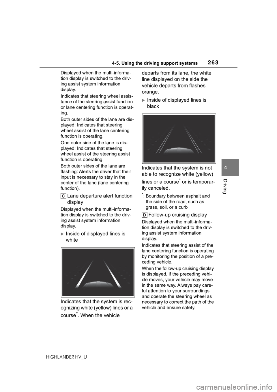 TOYOTA HIGHLANDER HYBRID 2020 Owners Manual (in English) 2634-5. Using the driving support systems
HIGHLANDER HV_U
4
Driving
Displayed when the multi-informa-
tion display is switched to the driv-
ing assist system information
display.
Indicates that steer TOYOTA HIGHLANDER HYBRID 2020 Owners Manual (in English) 2634-5. Using the driving support systems
HIGHLANDER HV_U
4
Driving
Displayed when the multi-informa-
tion display is switched to the driv-
ing assist system information
display.
Indicates that steer