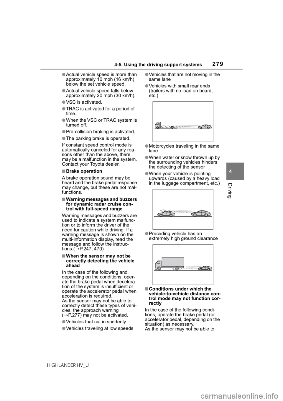 TOYOTA HIGHLANDER HYBRID 2020  Owners Manual (in English) 2794-5. Using the driving support systems
HIGHLANDER HV_U
4
Driving
●Actual vehicle speed is more than 
approximately 10  mph (16 km/h) 
below the set vehicle speed.
●Actual vehicle speed falls be