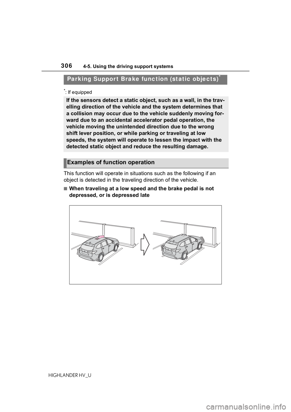 TOYOTA HIGHLANDER HYBRID 2020 Owners Manual (in English) 3064-5. Using the driving support systems
HIGHLANDER HV_U
*: If equipped
This function will operate in situations such as the following if an
object is detected in the traveling direction of the vehi TOYOTA HIGHLANDER HYBRID 2020 Owners Manual (in English) 3064-5. Using the driving support systems
HIGHLANDER HV_U
*: If equipped
This function will operate in situations such as the following if an
object is detected in the traveling direction of the vehi