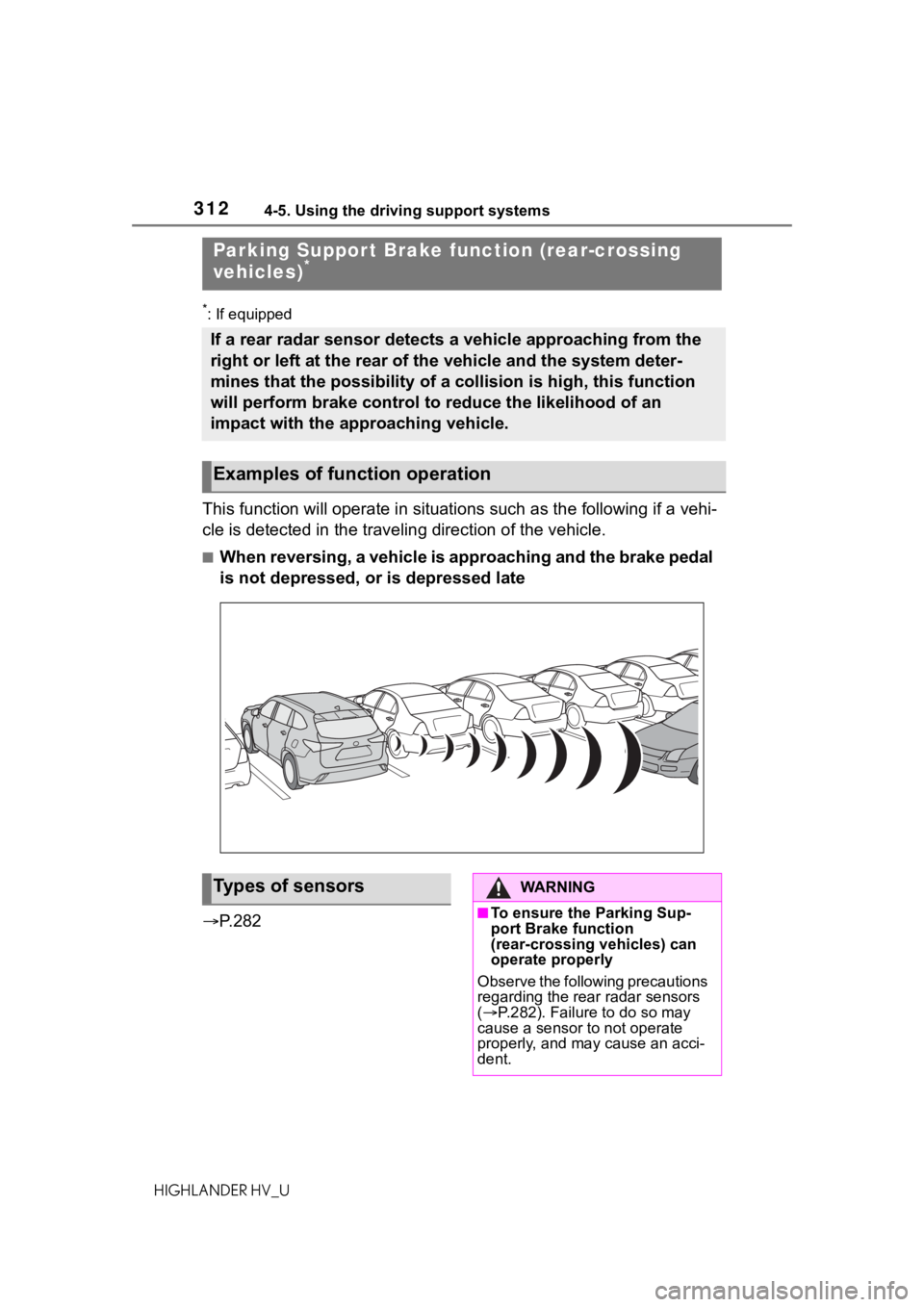 TOYOTA HIGHLANDER HYBRID 2020 Owners Manual (in English) 3124-5. Using the driving support systems
HIGHLANDER HV_U
*: If equipped
This function will operate in situations such as the following if a vehi-
cle is detected in the traveling direction of the veh TOYOTA HIGHLANDER HYBRID 2020 Owners Manual (in English) 3124-5. Using the driving support systems
HIGHLANDER HV_U
*: If equipped
This function will operate in situations such as the following if a vehi-
cle is detected in the traveling direction of the veh