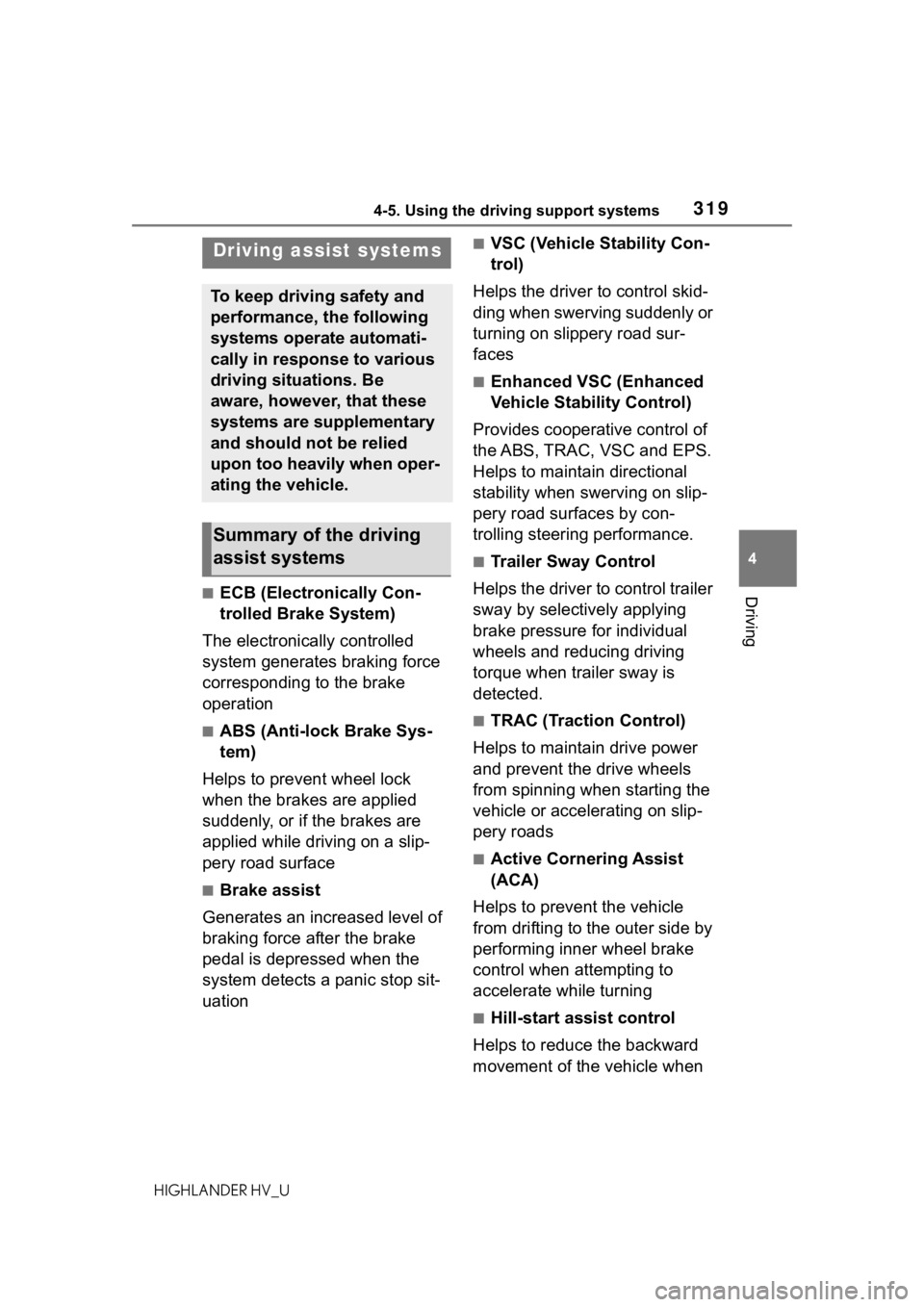 TOYOTA HIGHLANDER HYBRID 2020 Owners Manual (in English) 3194-5. Using the driving support systems
HIGHLANDER HV_U
4
Driving■ECB (Electronically Con-
trolled Brake System)
The electronically controlled
system generates braking force
corresponding to the TOYOTA HIGHLANDER HYBRID 2020 Owners Manual (in English) 3194-5. Using the driving support systems
HIGHLANDER HV_U
4
Driving■ECB (Electronically Con-
trolled Brake System)
The electronically controlled
system generates braking force
corresponding to the
