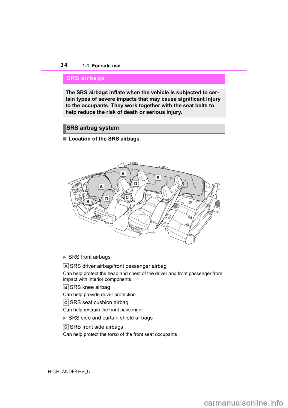 TOYOTA HIGHLANDER HYBRID 2020 (in English) Owners Guide 341-1. For safe use
HIGHLANDER HV_U
■Location of the SRS airbags
SRS front airbagsSRS driver airbag/front passenger airbag
Can help protect the head and chest of the driver and front passenger fr TOYOTA HIGHLANDER HYBRID 2020 (in English) Owners Guide 341-1. For safe use
HIGHLANDER HV_U
■Location of the SRS airbags
SRS front airbagsSRS driver airbag/front passenger airbag
Can help protect the head and chest of the driver and front passenger fr