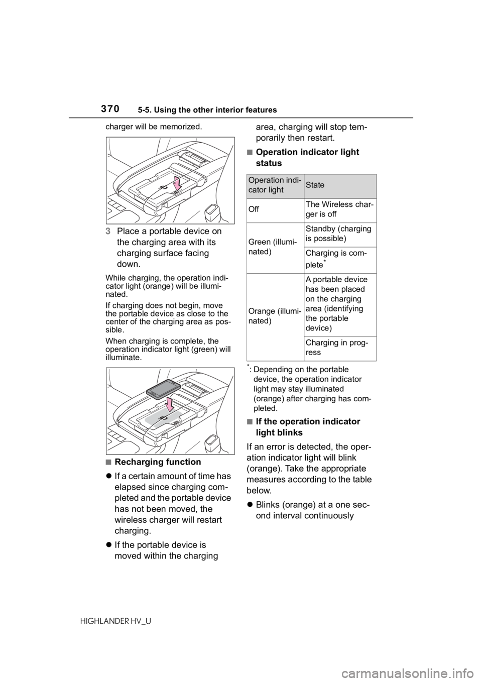 TOYOTA HIGHLANDER HYBRID 2020 Owners Manual (in English) 3705-5. Using the other interior features
HIGHLANDER HV_Ucharger will be memorized.
3
Place a portable device on
the charging area with its
charging surface facing
down.
While charging, the operati TOYOTA HIGHLANDER HYBRID 2020 Owners Manual (in English) 3705-5. Using the other interior features
HIGHLANDER HV_Ucharger will be memorized.
3
Place a portable device on
the charging area with its
charging surface facing
down.
While charging, the operati