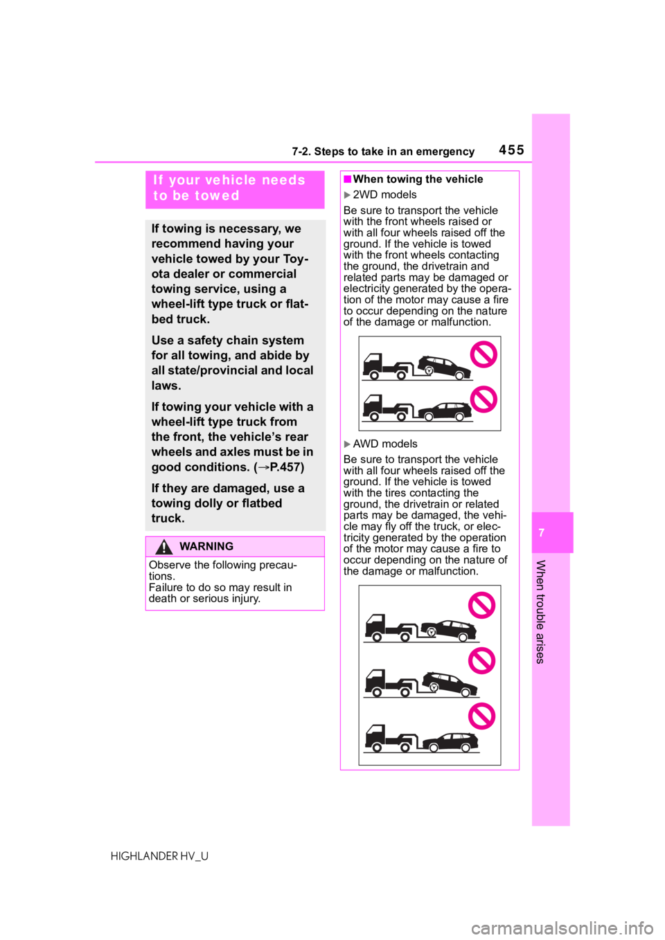 TOYOTA HIGHLANDER HYBRID 2020 Owners Manual (in English) 4557-2. Steps to take in an emergency
HIGHLANDER HV_U
7
When trouble arises
7-2.Steps to take in an emergency
If your vehicle needs
to be towed
If towing is necessary, we
recommend having your
veh TOYOTA HIGHLANDER HYBRID 2020 Owners Manual (in English) 4557-2. Steps to take in an emergency
HIGHLANDER HV_U
7
When trouble arises
7-2.Steps to take in an emergency
If your vehicle needs
to be towed
If towing is necessary, we
recommend having your
veh