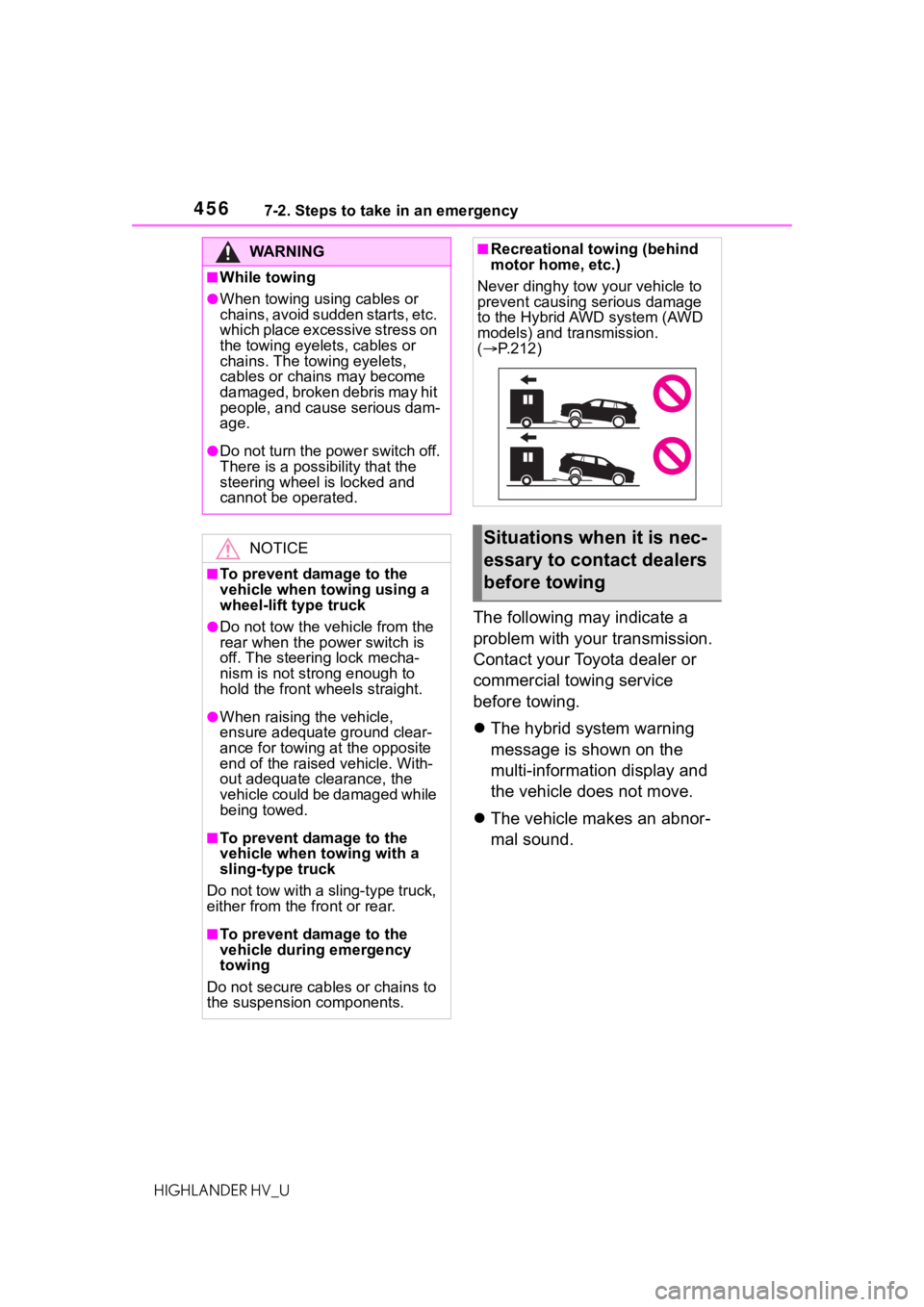 TOYOTA HIGHLANDER HYBRID 2020 Owners Manual (in English) 4567-2. Steps to take in an emergency
HIGHLANDER HV_U
The following may indicate a
problem with your transmission.
Contact your Toyota dealer or
commercial towing service
before towing.
The hyb TOYOTA HIGHLANDER HYBRID 2020 Owners Manual (in English) 4567-2. Steps to take in an emergency
HIGHLANDER HV_U
The following may indicate a
problem with your transmission.
Contact your Toyota dealer or
commercial towing service
before towing.
The hyb