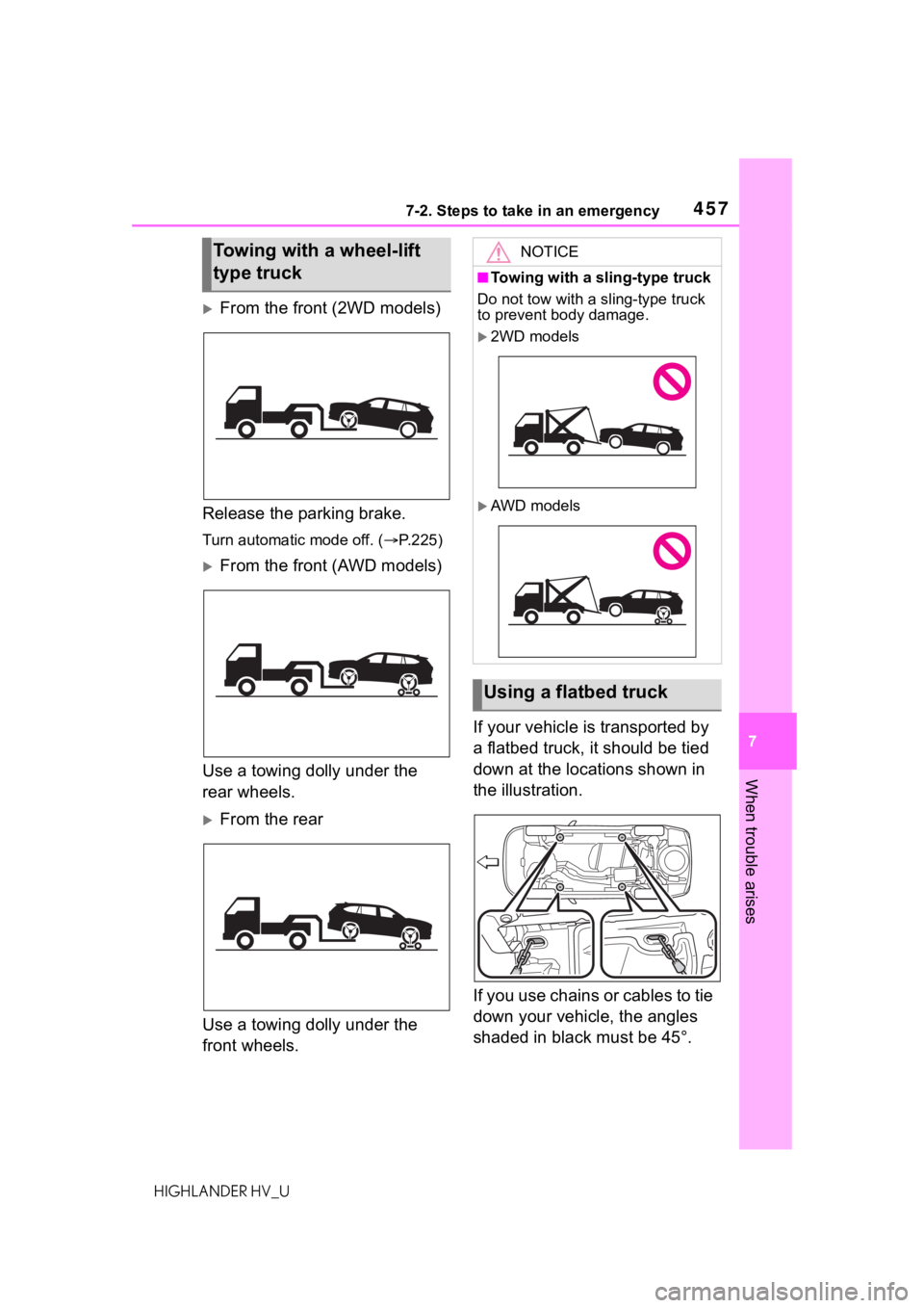 TOYOTA HIGHLANDER HYBRID 2020 Owners Manual (in English) 4577-2. Steps to take in an emergency
HIGHLANDER HV_U
7
When trouble arises
From the front (2WD models)
Release the parking brake.
Turn automatic mode off. ( P.225)
From the front (AWD models TOYOTA HIGHLANDER HYBRID 2020 Owners Manual (in English) 4577-2. Steps to take in an emergency
HIGHLANDER HV_U
7
When trouble arises
From the front (2WD models)
Release the parking brake.
Turn automatic mode off. ( P.225)
From the front (AWD models