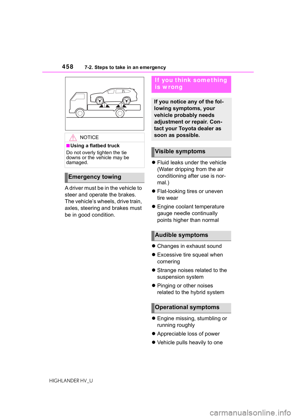 TOYOTA HIGHLANDER HYBRID 2020 Owners Manual (in English) 4587-2. Steps to take in an emergency
HIGHLANDER HV_U
A driver must be in the vehicle to
steer and operate the brakes.
The vehicle’s wheels, drive train,
axles, steering and brakes must
be in go TOYOTA HIGHLANDER HYBRID 2020 Owners Manual (in English) 4587-2. Steps to take in an emergency
HIGHLANDER HV_U
A driver must be in the vehicle to
steer and operate the brakes.
The vehicle’s wheels, drive train,
axles, steering and brakes must
be in go