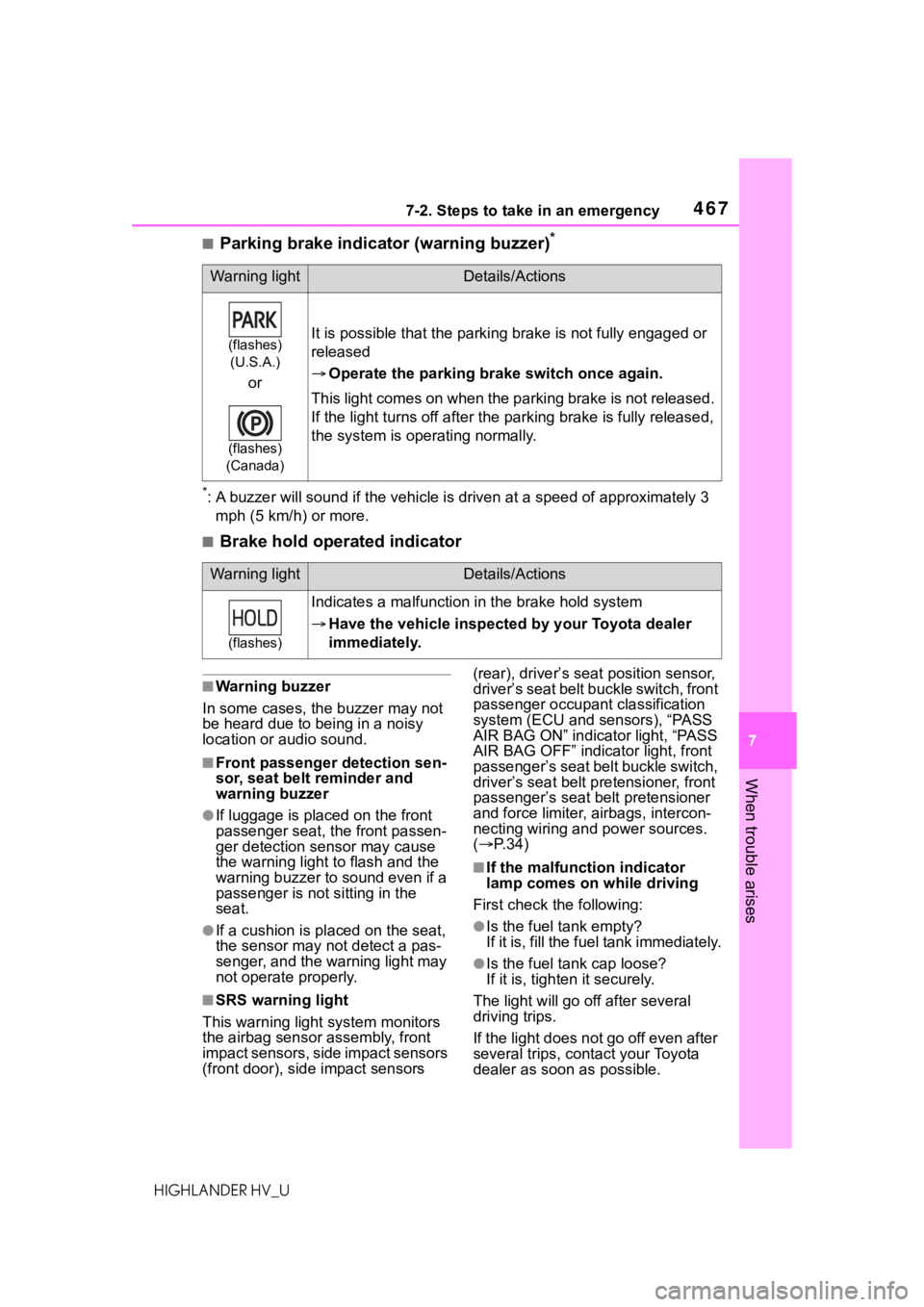 TOYOTA HIGHLANDER HYBRID 2020 Owners Manual (in English) 4677-2. Steps to take in an emergency
HIGHLANDER HV_U
7
When trouble arises
■Parking brake indicator (warning buzzer)*
*: A buzzer will sound if the vehicle is driven at a speed of app roximately 3 TOYOTA HIGHLANDER HYBRID 2020 Owners Manual (in English) 4677-2. Steps to take in an emergency
HIGHLANDER HV_U
7
When trouble arises
■Parking brake indicator (warning buzzer)*
*: A buzzer will sound if the vehicle is driven at a speed of app roximately 3