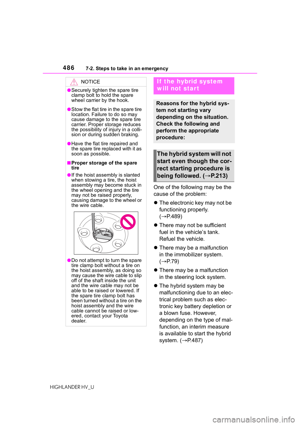 TOYOTA HIGHLANDER HYBRID 2020  Owners Manual (in English) 4867-2. Steps to take in an emergency
HIGHLANDER HV_U
One of the following may be the 
cause of the problem:
The electronic key may not be 
functioning properly. 
( P.489)
 There may not be s