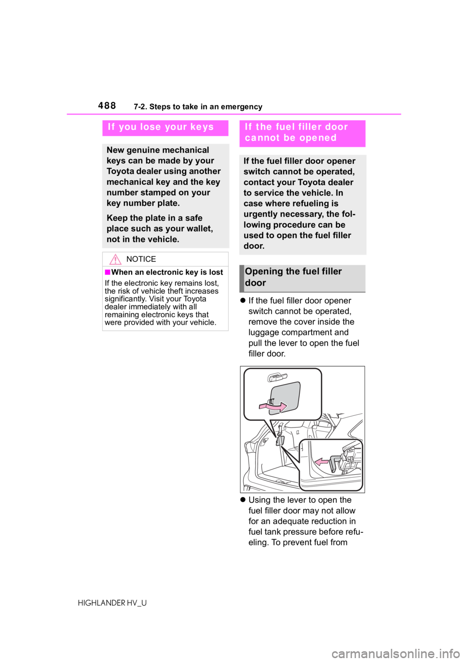TOYOTA HIGHLANDER HYBRID 2020  Owners Manual (in English) 4887-2. Steps to take in an emergency
HIGHLANDER HV_U
If the fuel filler door opener 
switch cannot be operated, 
remove the cover inside the 
luggage compartment and 
pull the lever to open the fu