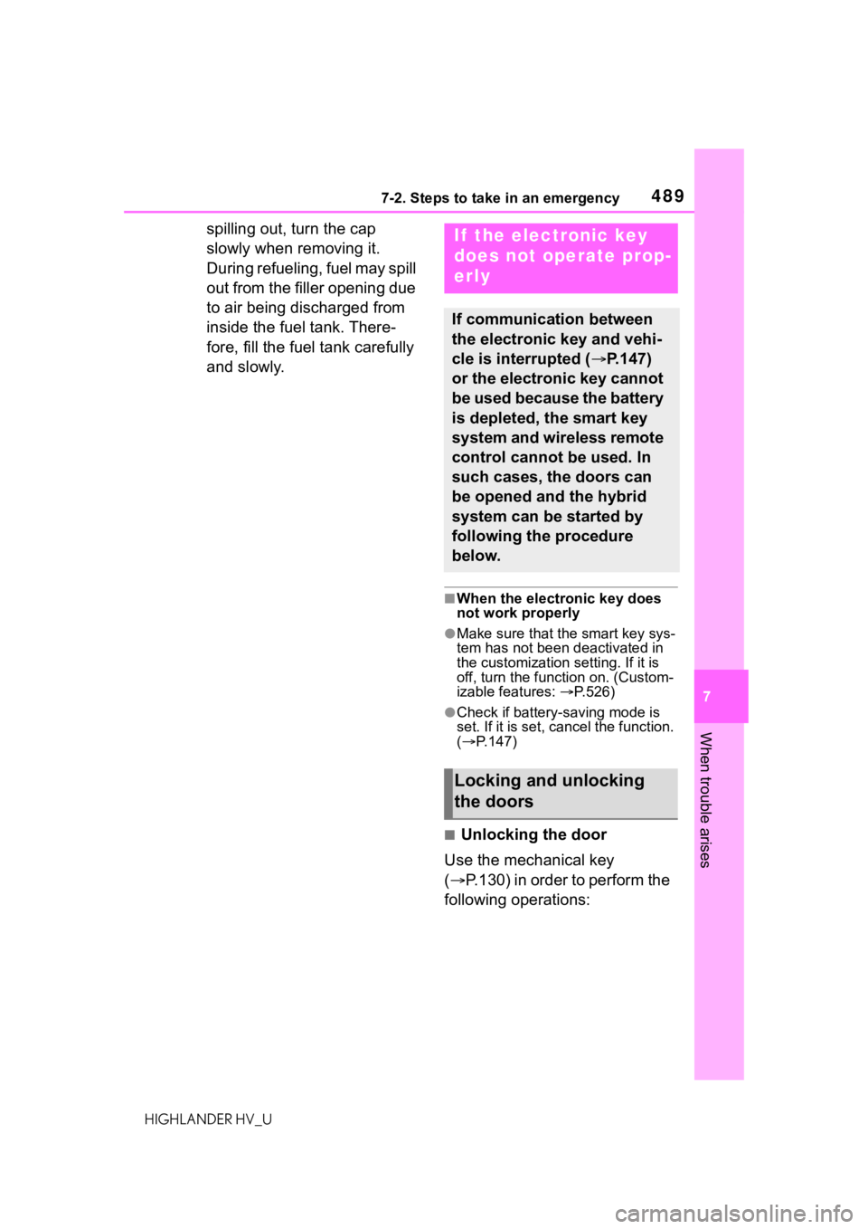 TOYOTA HIGHLANDER HYBRID 2020  Owners Manual (in English) 4897-2. Steps to take in an emergency
HIGHLANDER HV_U
7
When trouble arises
spilling out, turn the cap 
slowly when removing it.
During refueling, fuel may spill 
out from the filler opening due 
to a