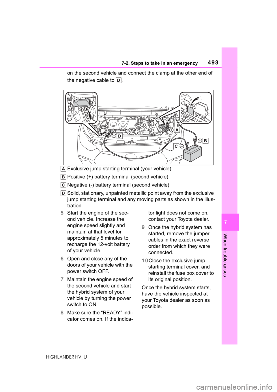 TOYOTA HIGHLANDER HYBRID 2020 Owners Manual (in English) 4937-2. Steps to take in an emergency
HIGHLANDER HV_U
7
When trouble arises
on the second vehicle and connect the clamp at the other end of
the negative cable to .
Exclusive jump starting terminal ( TOYOTA HIGHLANDER HYBRID 2020 Owners Manual (in English) 4937-2. Steps to take in an emergency
HIGHLANDER HV_U
7
When trouble arises
on the second vehicle and connect the clamp at the other end of
the negative cable to .
Exclusive jump starting terminal (