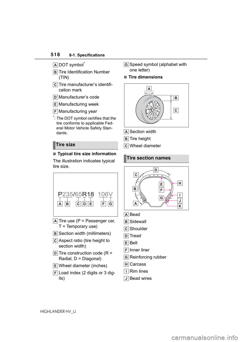 TOYOTA HIGHLANDER HYBRID 2020 Owners Manual (in English) 5188-1. Specifications
HIGHLANDER HV_U
DOT symbol*
Tire Identification Number
(TIN)
Tire manufacturer’s identifi-
cation mark
Manufacturer’s code
Manufacturing week
Manufacturing year
*: The DOT TOYOTA HIGHLANDER HYBRID 2020 Owners Manual (in English) 5188-1. Specifications
HIGHLANDER HV_U
DOT symbol*
Tire Identification Number
(TIN)
Tire manufacturer’s identifi-
cation mark
Manufacturer’s code
Manufacturing week
Manufacturing year
*: The DOT