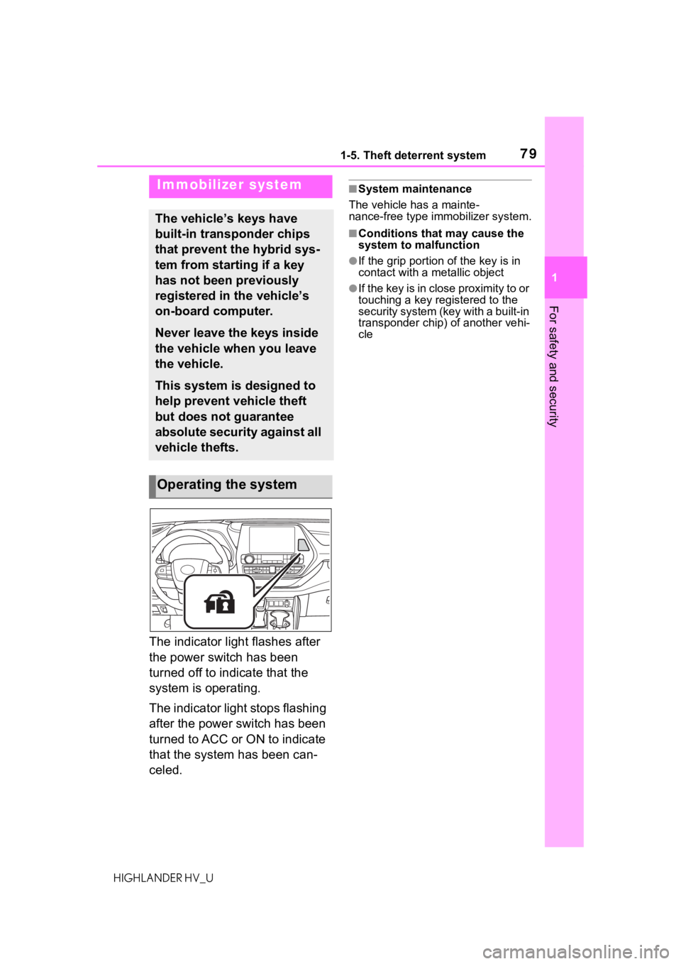 TOYOTA HIGHLANDER HYBRID 2020 (in English) Manual PDF 791-5. Theft deterrent system
HIGHLANDER HV_U
1
For safety and security
1-5.Theft deterrent system
The indicator light flashes after
the power switch has been
turned off to indicate that the
system TOYOTA HIGHLANDER HYBRID 2020 (in English) Manual PDF 791-5. Theft deterrent system
HIGHLANDER HV_U
1
For safety and security
1-5.Theft deterrent system
The indicator light flashes after
the power switch has been
turned off to indicate that the
system