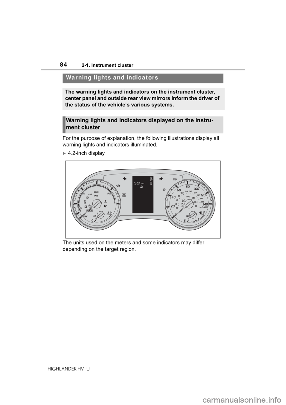 TOYOTA HIGHLANDER HYBRID 2020 (in English) Manual Online 842-1. Instrument cluster
HIGHLANDER HV_U
2-1.Instrument cluster
For the purpose of explanation, the following illustrations display all
warning lights and indicators illuminated.
4.2-inch display TOYOTA HIGHLANDER HYBRID 2020 (in English) Manual Online 842-1. Instrument cluster
HIGHLANDER HV_U
2-1.Instrument cluster
For the purpose of explanation, the following illustrations display all
warning lights and indicators illuminated.
4.2-inch display