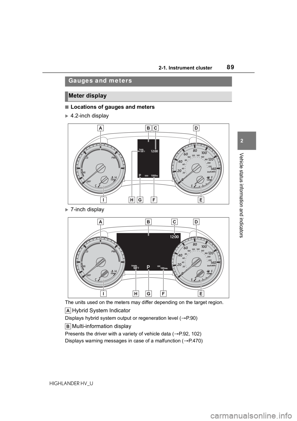 TOYOTA HIGHLANDER HYBRID 2020 (in English) Manual Online 892-1. Instrument cluster
HIGHLANDER HV_U
2
Vehicle status information and indicators
■Locations of gauges and meters
4.2-inch display
7-inch display
The units used on the meters may differ d TOYOTA HIGHLANDER HYBRID 2020 (in English) Manual Online 892-1. Instrument cluster
HIGHLANDER HV_U
2
Vehicle status information and indicators
■Locations of gauges and meters
4.2-inch display
7-inch display
The units used on the meters may differ d