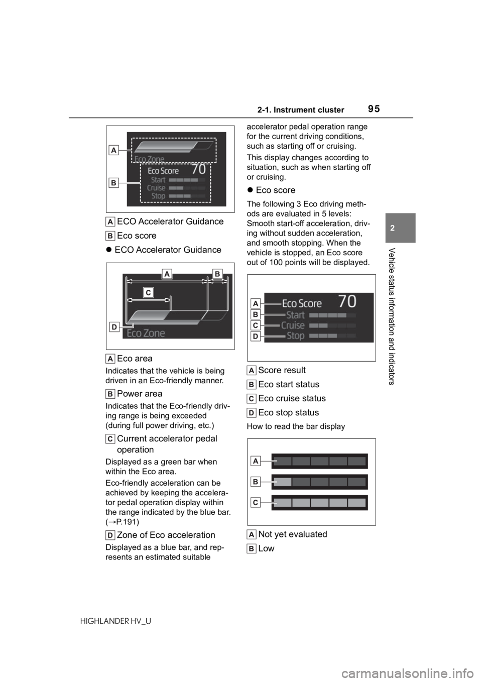 TOYOTA HIGHLANDER HYBRID 2020 Owners Manual (in English) 952-1. Instrument cluster
HIGHLANDER HV_U
2
Vehicle status information and indicators
ECO Accelerator Guidance
Eco score
ECO Accelerator Guidance
Eco area
Indicates that the vehicle is being
driv TOYOTA HIGHLANDER HYBRID 2020 Owners Manual (in English) 952-1. Instrument cluster
HIGHLANDER HV_U
2
Vehicle status information and indicators
ECO Accelerator Guidance
Eco score
ECO Accelerator Guidance
Eco area
Indicates that the vehicle is being
driv