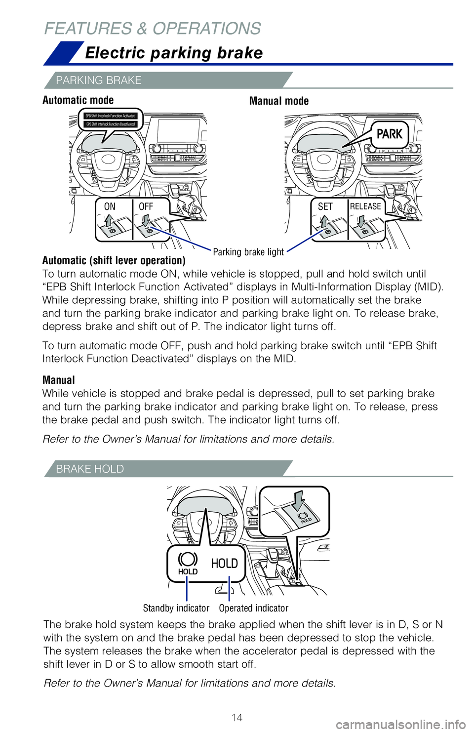 TOYOTA HIGHLANDER HYBRID 2020 (in English) User Guide 14
ONSET
OFFRELEASE
Electric parking brake
Automatic (shift lever operation)
To turn automatic mode ON, while vehicle is stopped, pull and hold switc\�h until
“EPB Shift Interlock Function Activa TOYOTA HIGHLANDER HYBRID 2020 (in English) User Guide 14
ONSET
OFFRELEASE
Electric parking brake
Automatic (shift lever operation)
To turn automatic mode ON, while vehicle is stopped, pull and hold switc\�h until
“EPB Shift Interlock Function Activa