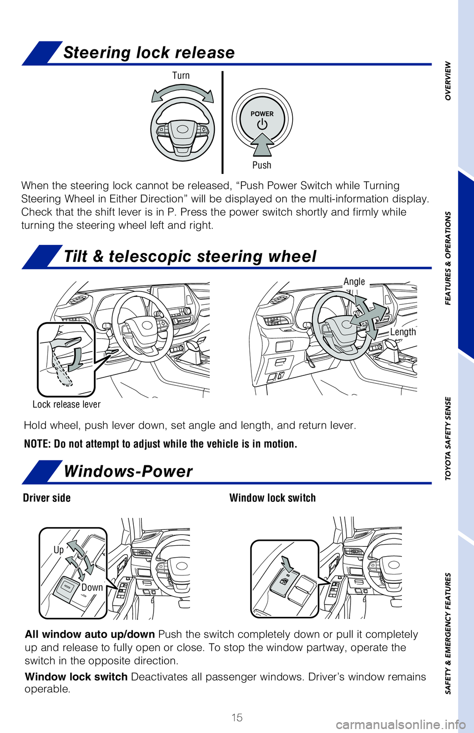 TOYOTA HIGHLANDER HYBRID 2020 (in English) User Guide 15
OVERVIEW
FEATURES & OPERATIONS
TOYOTA SAFETY SENSE
SAFETY & EMERGENCY FEATURES
Push
Turn
When the steering lock cannot be released, “Push Power Switch while T\�urning
Steering Wheel in Either TOYOTA HIGHLANDER HYBRID 2020 (in English) User Guide 15
OVERVIEW
FEATURES & OPERATIONS
TOYOTA SAFETY SENSE
SAFETY & EMERGENCY FEATURES
Push
Turn
When the steering lock cannot be released, “Push Power Switch while T\�urning
Steering Wheel in Either