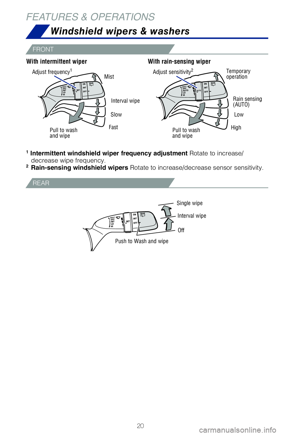 TOYOTA HIGHLANDER HYBRID 2020 (in English) Owners Manual 20
Single wipeInterval wipe
Off
Push to Wash and wipe
1 Intermittent windshield wiper frequency adjustment Rotate to increase/ decrease wipe frequency.
2 Rain-sensing windshield wipers Rotate to in TOYOTA HIGHLANDER HYBRID 2020 (in English) Owners Manual 20
Single wipeInterval wipe
Off
Push to Wash and wipe
1 Intermittent windshield wiper frequency adjustment Rotate to increase/ decrease wipe frequency.
2 Rain-sensing windshield wipers Rotate to in