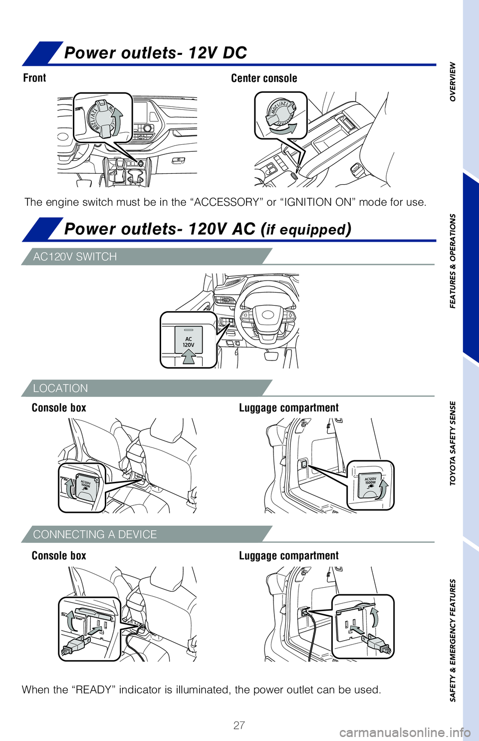 TOYOTA HIGHLANDER HYBRID 2020 (in English) Owners Manual 27
OVERVIEW
FEATURES & OPERATIONS
TOYOTA SAFETY SENSE
SAFETY & EMERGENCY FEATURES
Power outlets- 12V DC
Power outlets- 120V AC (if equipped)
The engine switch must be in the “ACCESSORY” or “IGNI TOYOTA HIGHLANDER HYBRID 2020 (in English) Owners Manual 27
OVERVIEW
FEATURES & OPERATIONS
TOYOTA SAFETY SENSE
SAFETY & EMERGENCY FEATURES
Power outlets- 12V DC
Power outlets- 120V AC (if equipped)
The engine switch must be in the “ACCESSORY” or “IGNI