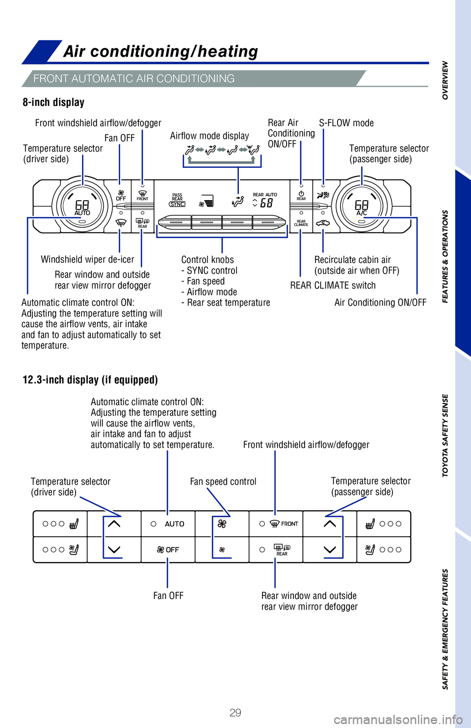 TOYOTA HIGHLANDER HYBRID 2020 (in English) Owners Guide 29
Air conditioning/heating
Temperature selector
(driver side)
Front windshield airflow/defoggerFan OFF Temperature selector
(passenger side)
Rear Air
Conditioning
ON/OFF
S-FLOW mode
Automatic cli TOYOTA HIGHLANDER HYBRID 2020 (in English) Owners Guide 29
Air conditioning/heating
Temperature selector
(driver side)
Front windshield airflow/defoggerFan OFF Temperature selector
(passenger side)
Rear Air
Conditioning
ON/OFF
S-FLOW mode
Automatic cli