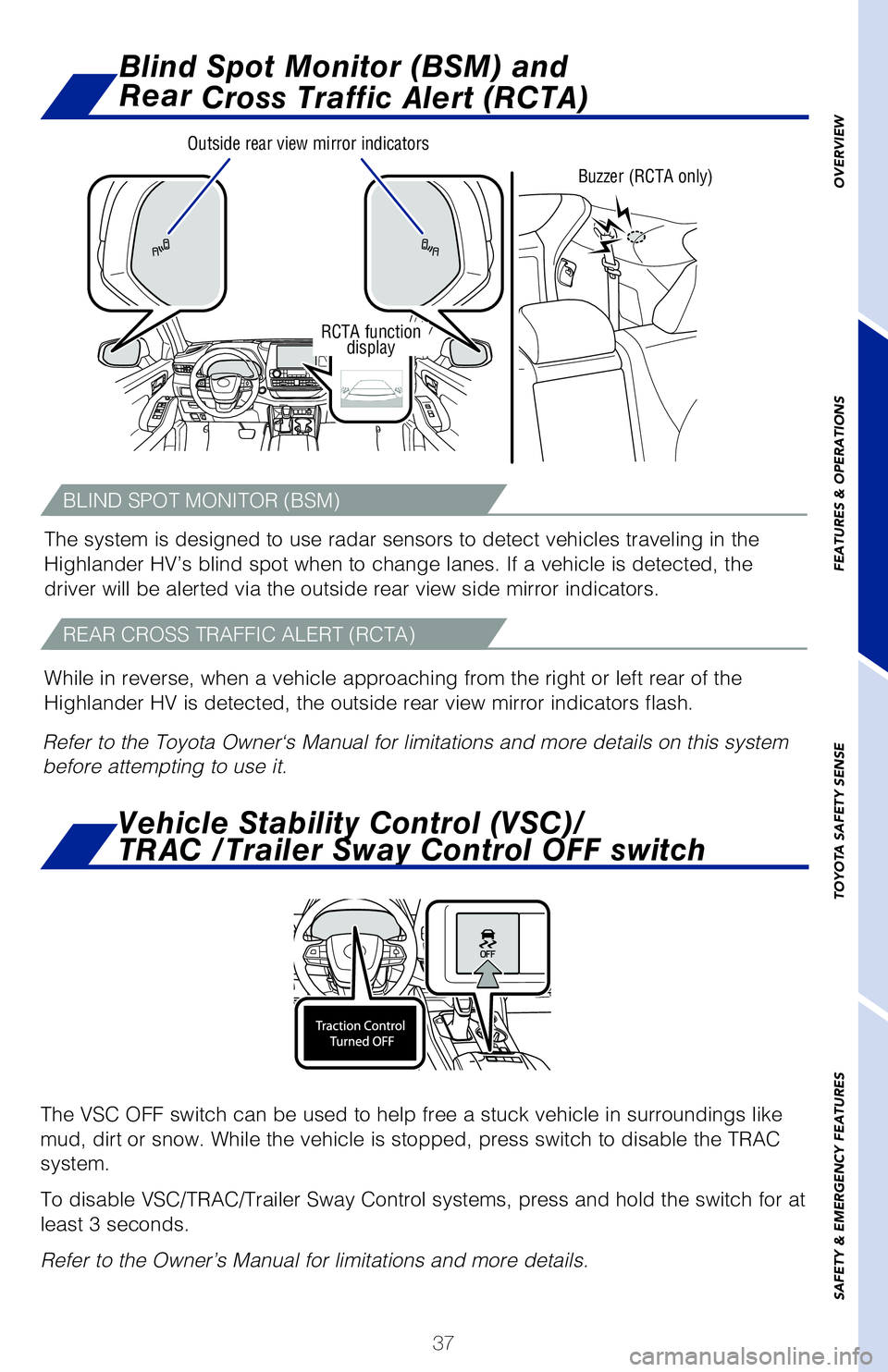 TOYOTA HIGHLANDER HYBRID 2020 (in English) Owners Guide 37
OVERVIEW
FEATURES & OPERATIONS
TOYOTA SAFETY SENSE
SAFETY & EMERGENCY FEATURES
Blind Spot Monitor (BSM) and
Rear Cross Traffic Alert (RCTA)
RCTA function
display Buzzer (RCTA only)
Outside re TOYOTA HIGHLANDER HYBRID 2020 (in English) Owners Guide 37
OVERVIEW
FEATURES & OPERATIONS
TOYOTA SAFETY SENSE
SAFETY & EMERGENCY FEATURES
Blind Spot Monitor (BSM) and
Rear Cross Traffic Alert (RCTA)
RCTA function
display Buzzer (RCTA only)
Outside re