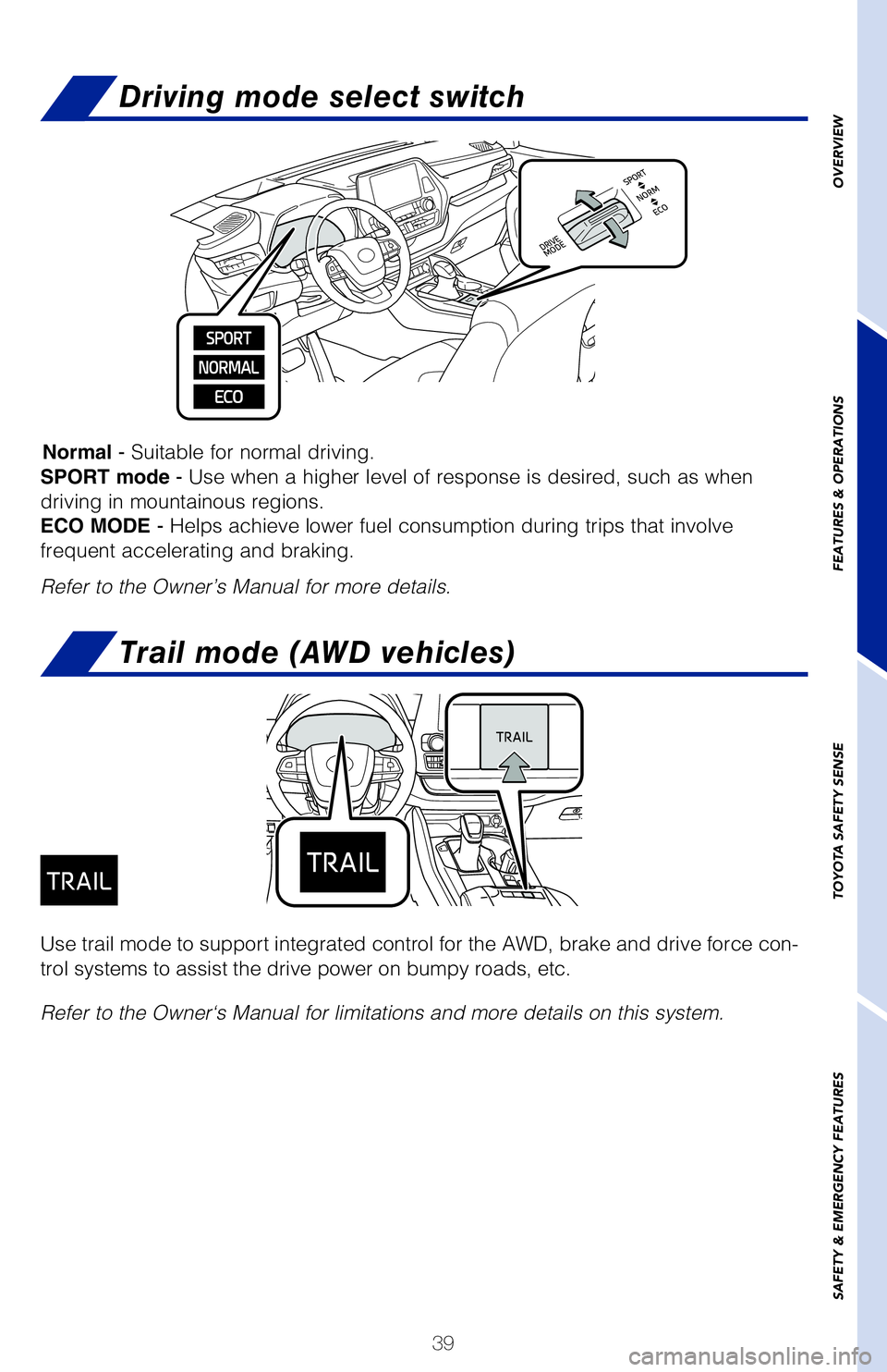 TOYOTA HIGHLANDER HYBRID 2020 (in English) Service Manual 39
Driving mode select switch
Normal - Suitable for normal driving.
SPORT mode - Use when a higher level of response is desired, such as when
driving in mountainous regions.
ECO MODE - Helps achieve TOYOTA HIGHLANDER HYBRID 2020 (in English) Service Manual 39
Driving mode select switch
Normal - Suitable for normal driving.
SPORT mode - Use when a higher level of response is desired, such as when
driving in mountainous regions.
ECO MODE - Helps achieve
