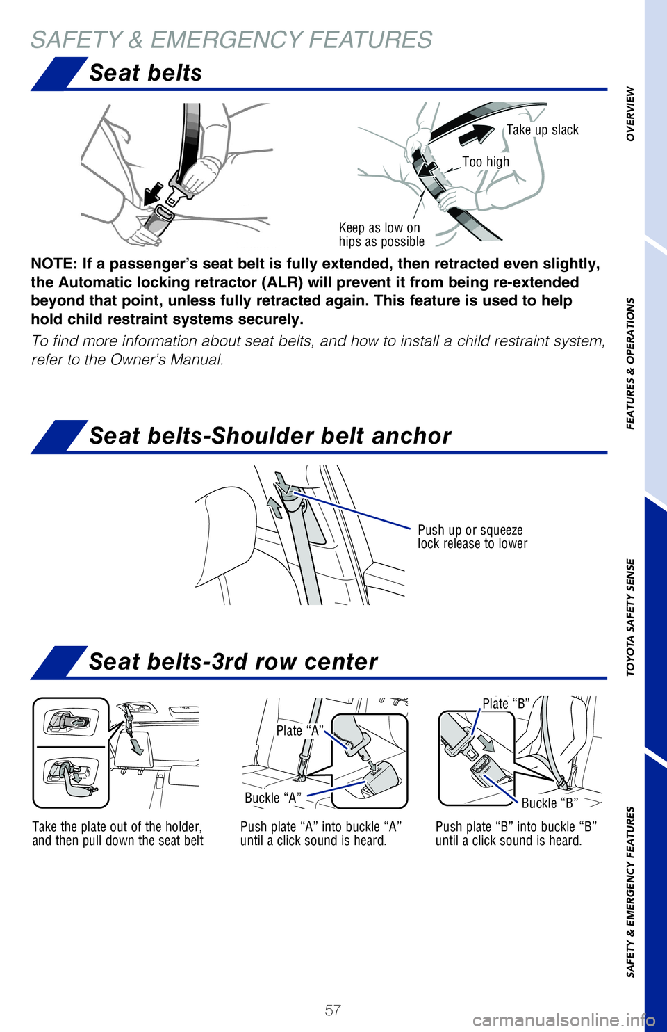 TOYOTA HIGHLANDER HYBRID 2020   (in English) Workshop Manual 57
SAFETY & EMERGENCY FEATURES
Push up or squeeze 
lock release to lower
Seat belts
Seat belts-3rd row center
Seat belts-Shoulder belt anchor
Take the plate out of the holder, 
and then pull down the 