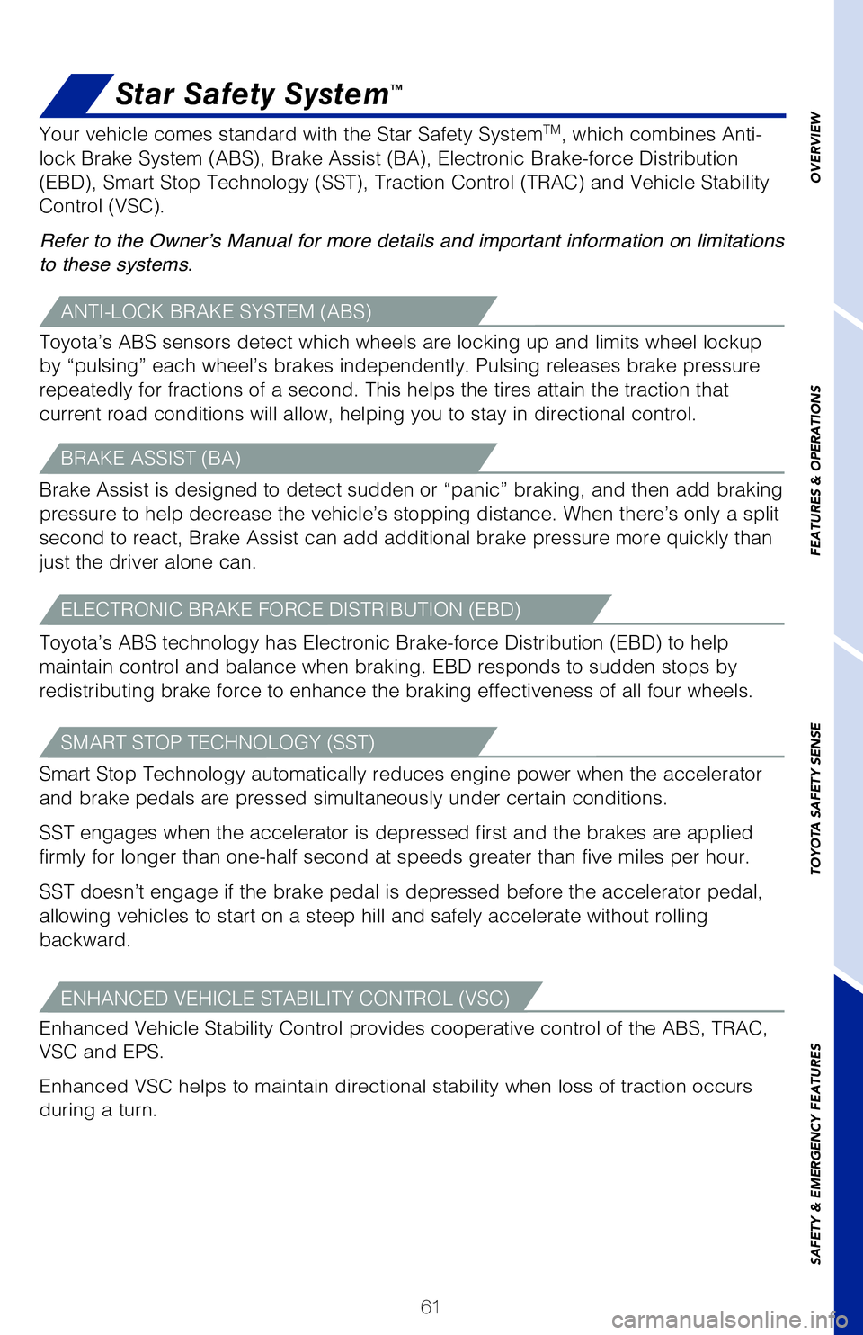 TOYOTA HIGHLANDER HYBRID 2020 (in English) Repair Manual 61
Star Safety System™
Your vehicle comes standard with the Star Safety SystemTM, which combines Anti-
lock Brake System (ABS), Brake Assist (BA), Electronic Brake-force D\�istribution
(EBD), Sma TOYOTA HIGHLANDER HYBRID 2020 (in English) Repair Manual 61
Star Safety System™
Your vehicle comes standard with the Star Safety SystemTM, which combines Anti-
lock Brake System (ABS), Brake Assist (BA), Electronic Brake-force D\�istribution
(EBD), Sma