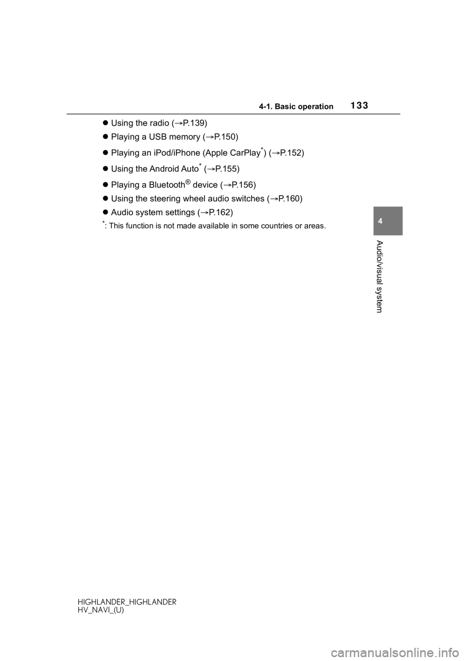 TOYOTA HIGHLANDER HYBRID 2020 Accessories, Audio & Navigation (in English) 1334-1. Basic operation
HIGHLANDER_HIGHLANDER
HV_NAVI_(U)
4
Audio/visual system
Using the radio ( P.139)
Playing a USB memory ( P.150)
Playing an iPod/iPhone (Apple CarPlay
*) ( P TOYOTA HIGHLANDER HYBRID 2020 Accessories, Audio & Navigation (in English) 1334-1. Basic operation
HIGHLANDER_HIGHLANDER
HV_NAVI_(U)
4
Audio/visual system
Using the radio ( P.139)
Playing a USB memory ( P.150)
Playing an iPod/iPhone (Apple CarPlay
*) ( P