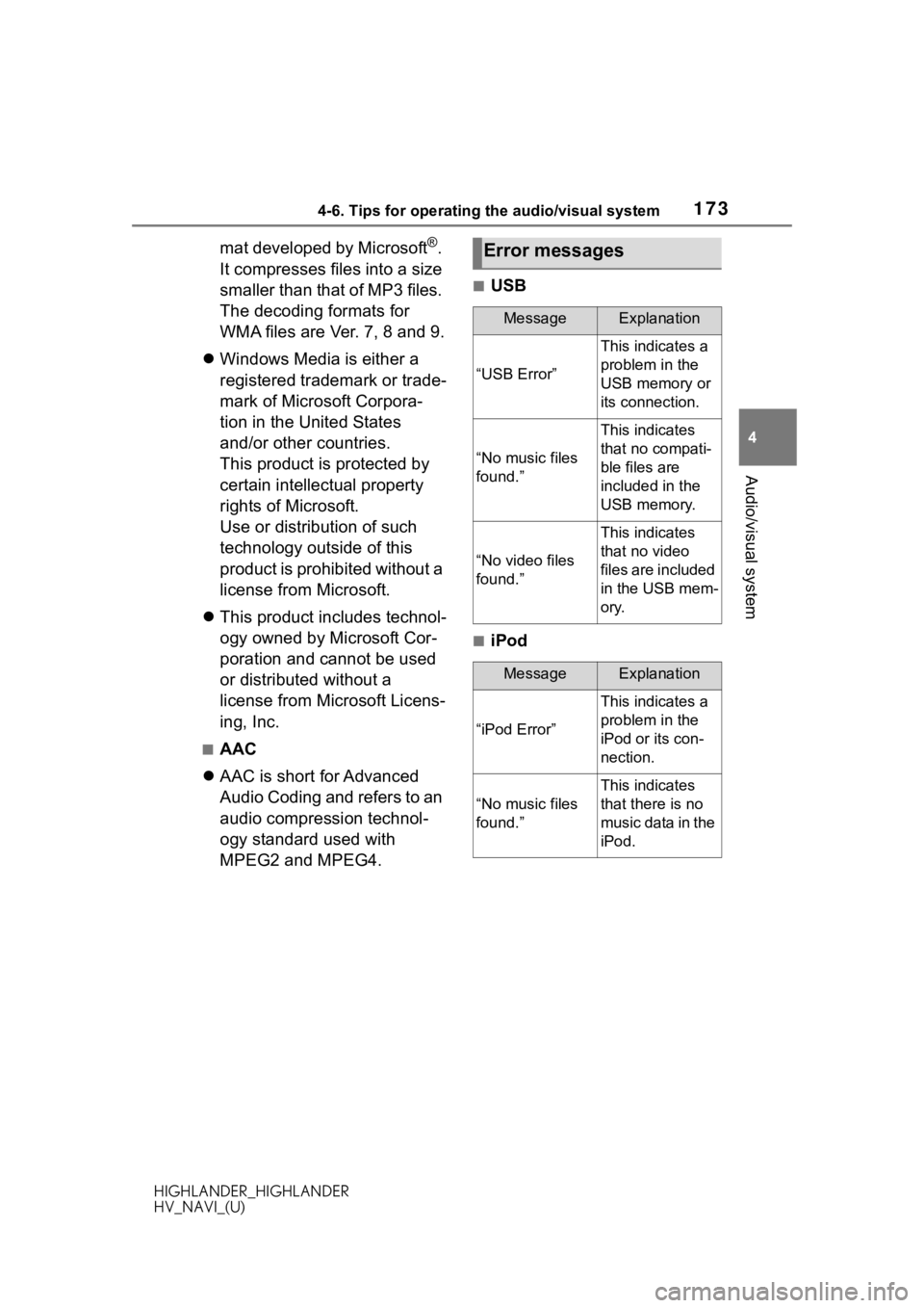 TOYOTA HIGHLANDER HYBRID 2020 Accessories, Audio & Navigation (in English) 1734-6. Tips for operating the audio/visual system
HIGHLANDER_HIGHLANDER
HV_NAVI_(U)
4
Audio/visual system
mat developed by Microsoft®.
It compresses files into a size
smaller than that of MP3 file TOYOTA HIGHLANDER HYBRID 2020 Accessories, Audio & Navigation (in English) 1734-6. Tips for operating the audio/visual system
HIGHLANDER_HIGHLANDER
HV_NAVI_(U)
4
Audio/visual system
mat developed by Microsoft®.
It compresses files into a size
smaller than that of MP3 file
