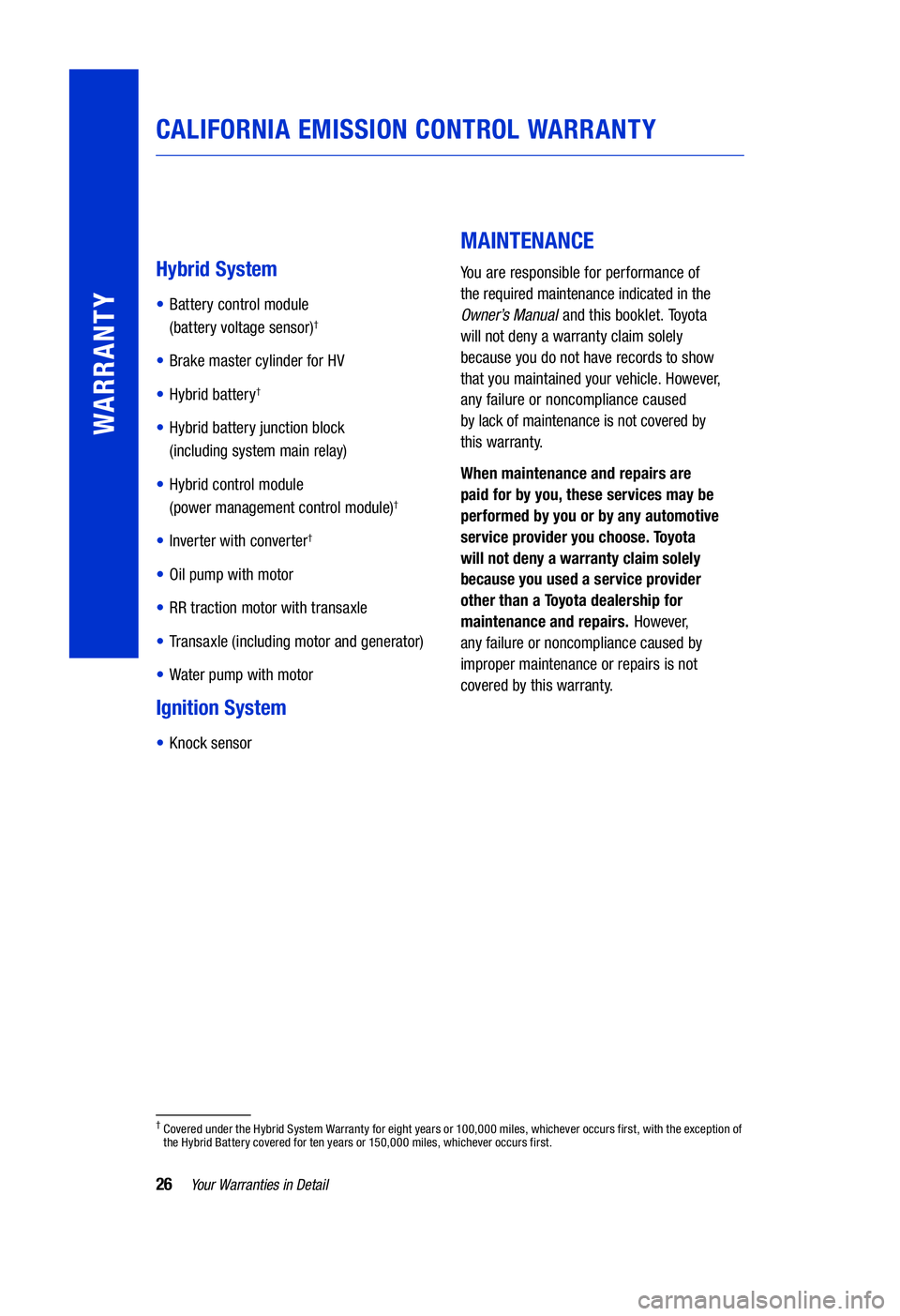 TOYOTA HIGHLANDER HYBRID 2020  Warranties & Maintenance Guides (in English) 26Your Warranties in Detail
WARRANTY
Hybrid System
• Battery control module   
(battery voltage sensor)†
•  Brake master cylinder for HV
• Hybrid battery†
• Hybrid battery junction block  