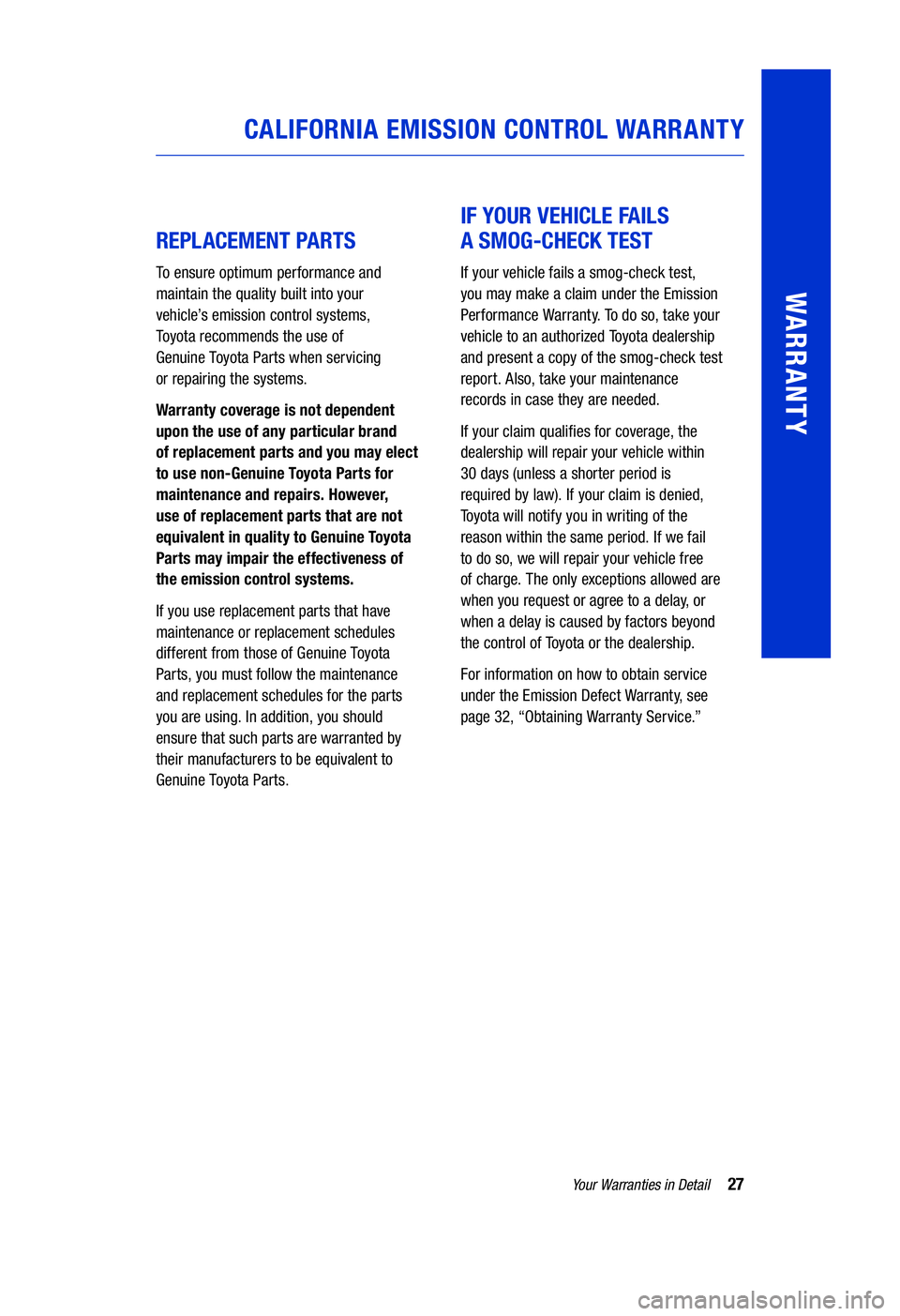 TOYOTA HIGHLANDER HYBRID 2020  Warranties & Maintenance Guides (in English) 27Your Warranties in Detail
WARRANTY
REPLACEMENT PARTS
To ensure optimum performance and  
maintain the quality built into your  
vehicle’s emission control systems,   
Toyota recommends the use of 